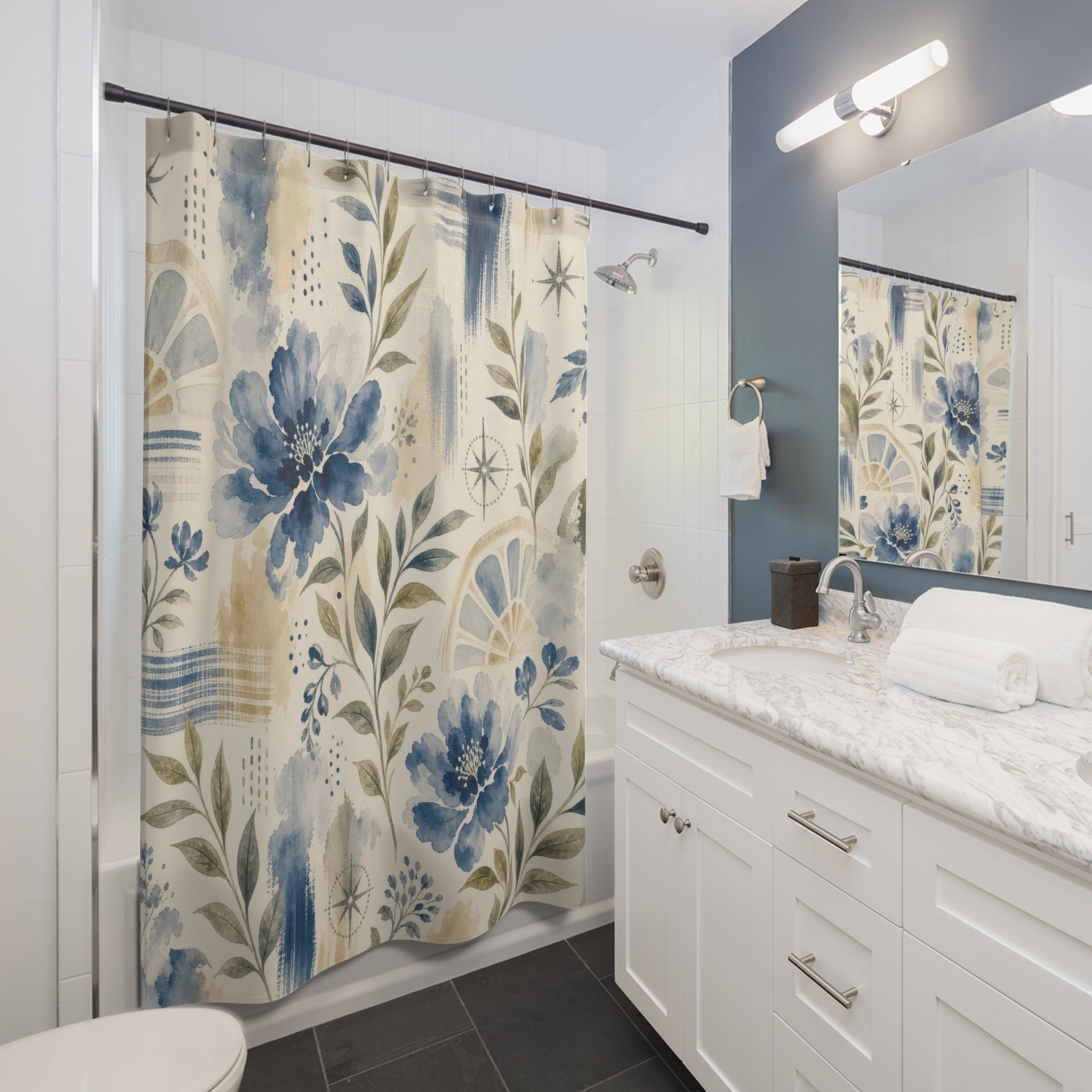 Colonial White Blue Floral Botanical Cottage Cottagecore Beige Shower Curtain