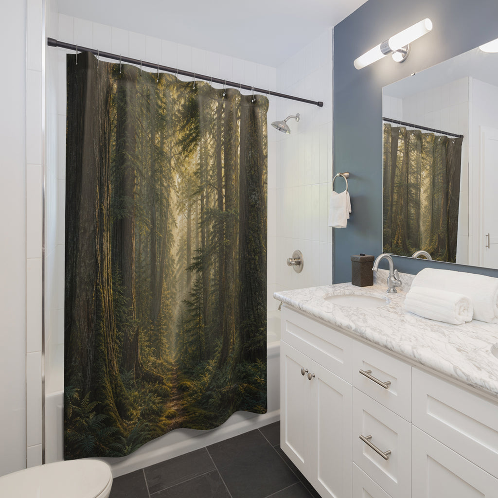 Sunlit path through a towering old-growth forest shower curtain beside a white vanity