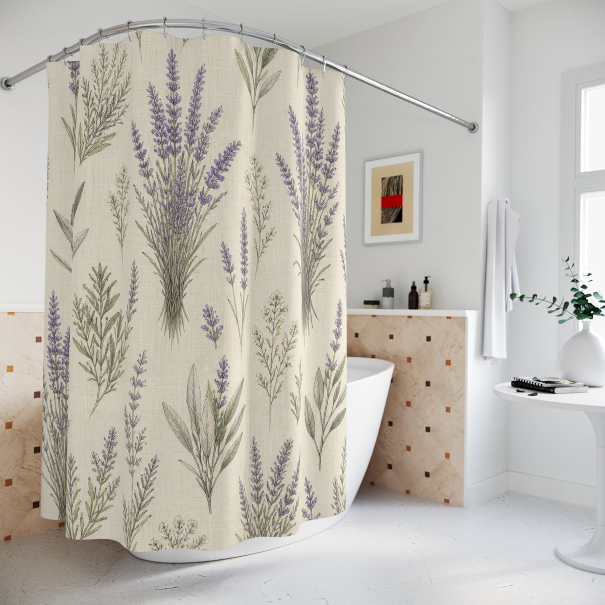 Purple Herb Botanical Lavender Floral Farmhouse shower curtain beside a freestanding tub