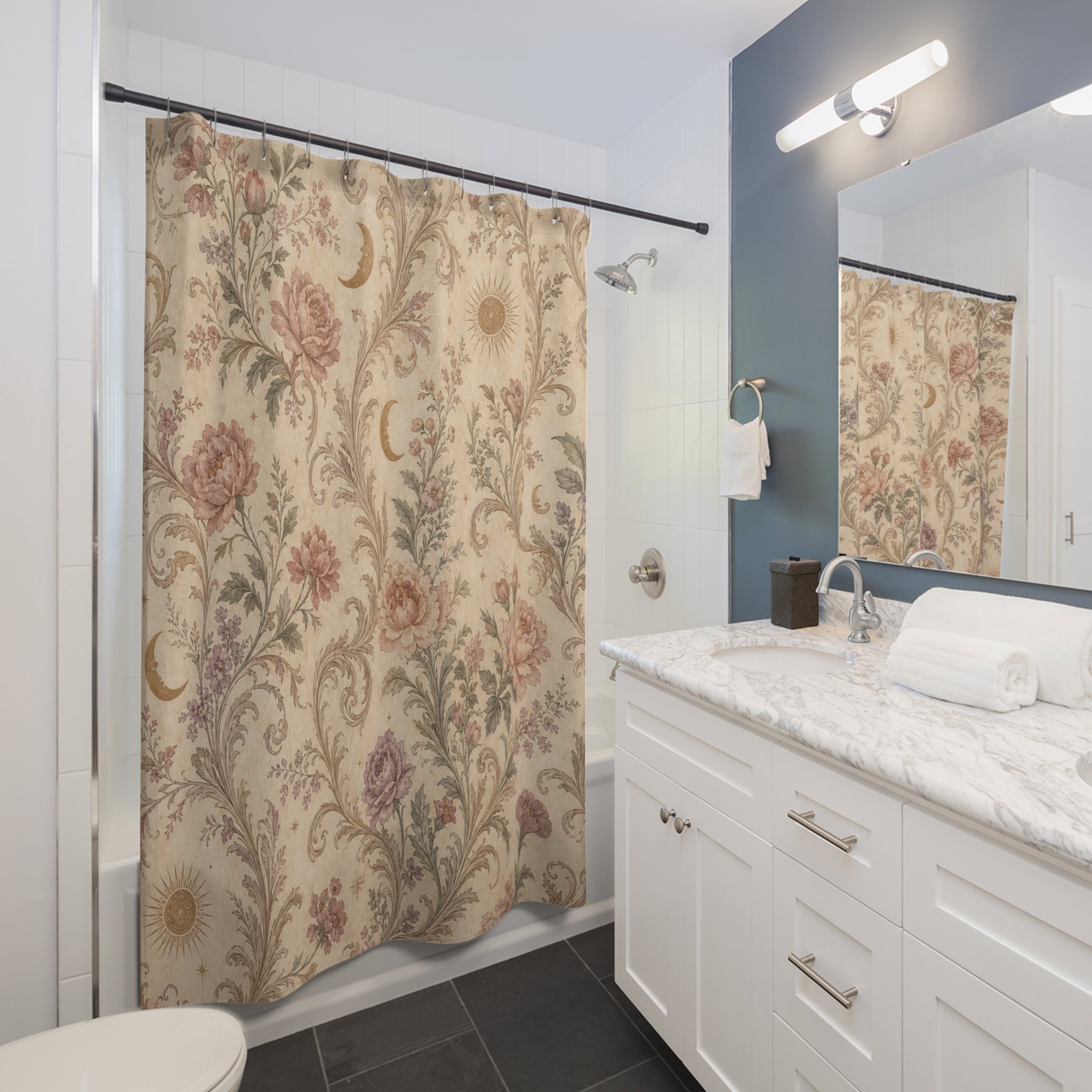 Beige Mauve Vintage Floral Shower Curtain