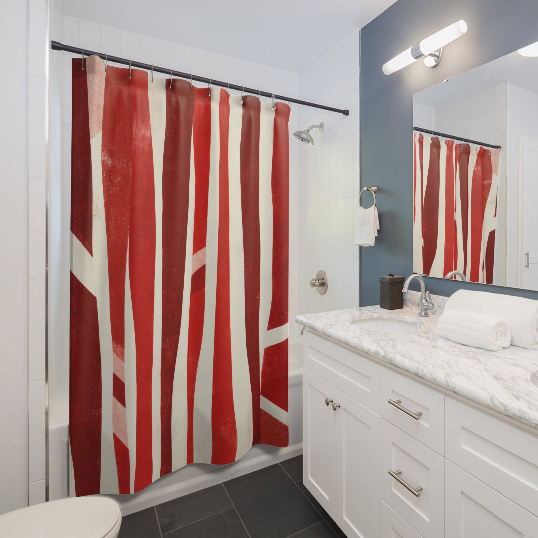 Red and White Striped Shower Curtain, Abstract Modern Stripe Bath Decor, Graphic Red White Art Curtain, Unusual Modern Guest Bathroom