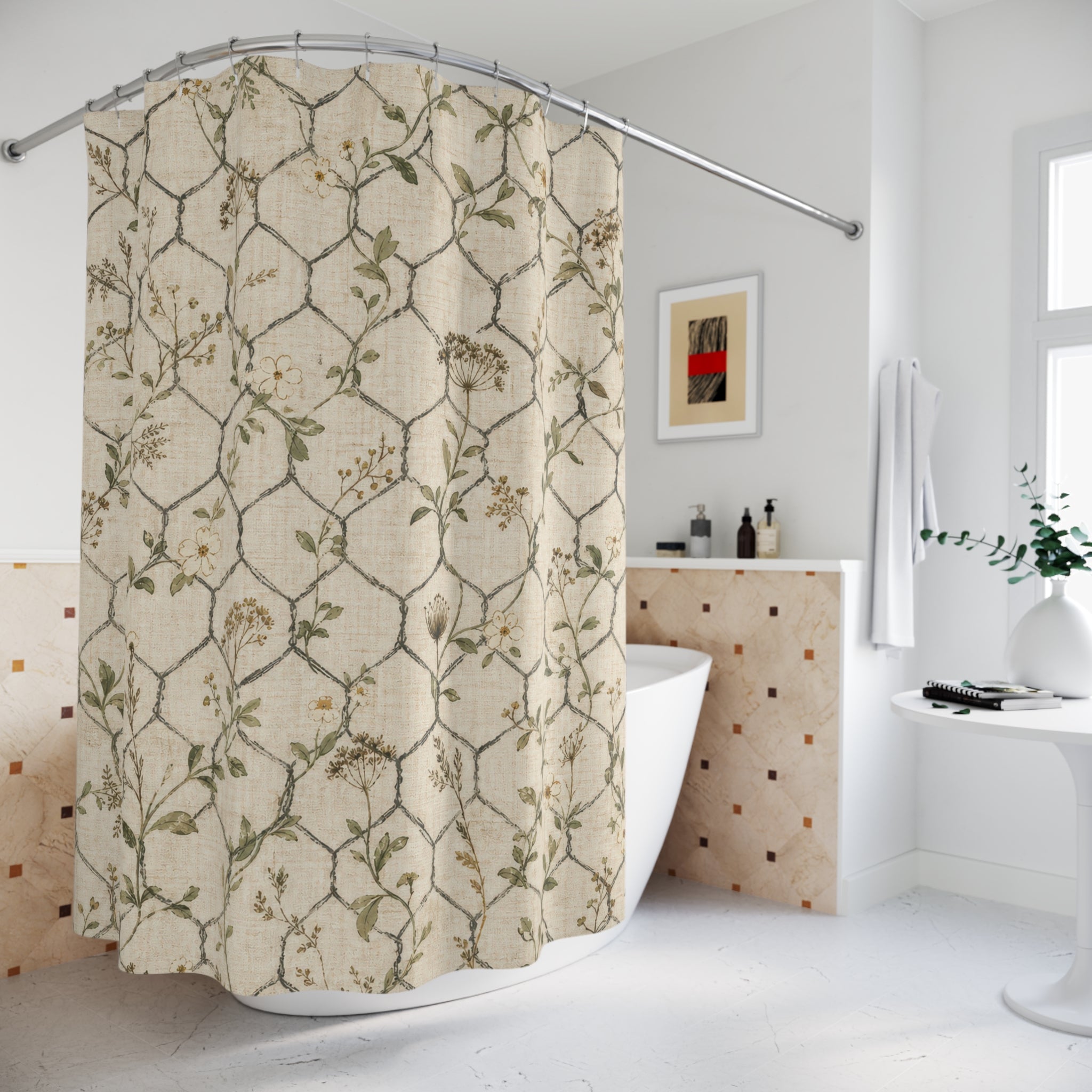 Rustic Farmhouse Shower Curtain, Chicken Wire Bath Decor, Beige Trellis Pattern, Country Guest Bathroom Decor, Weathered Cream Style