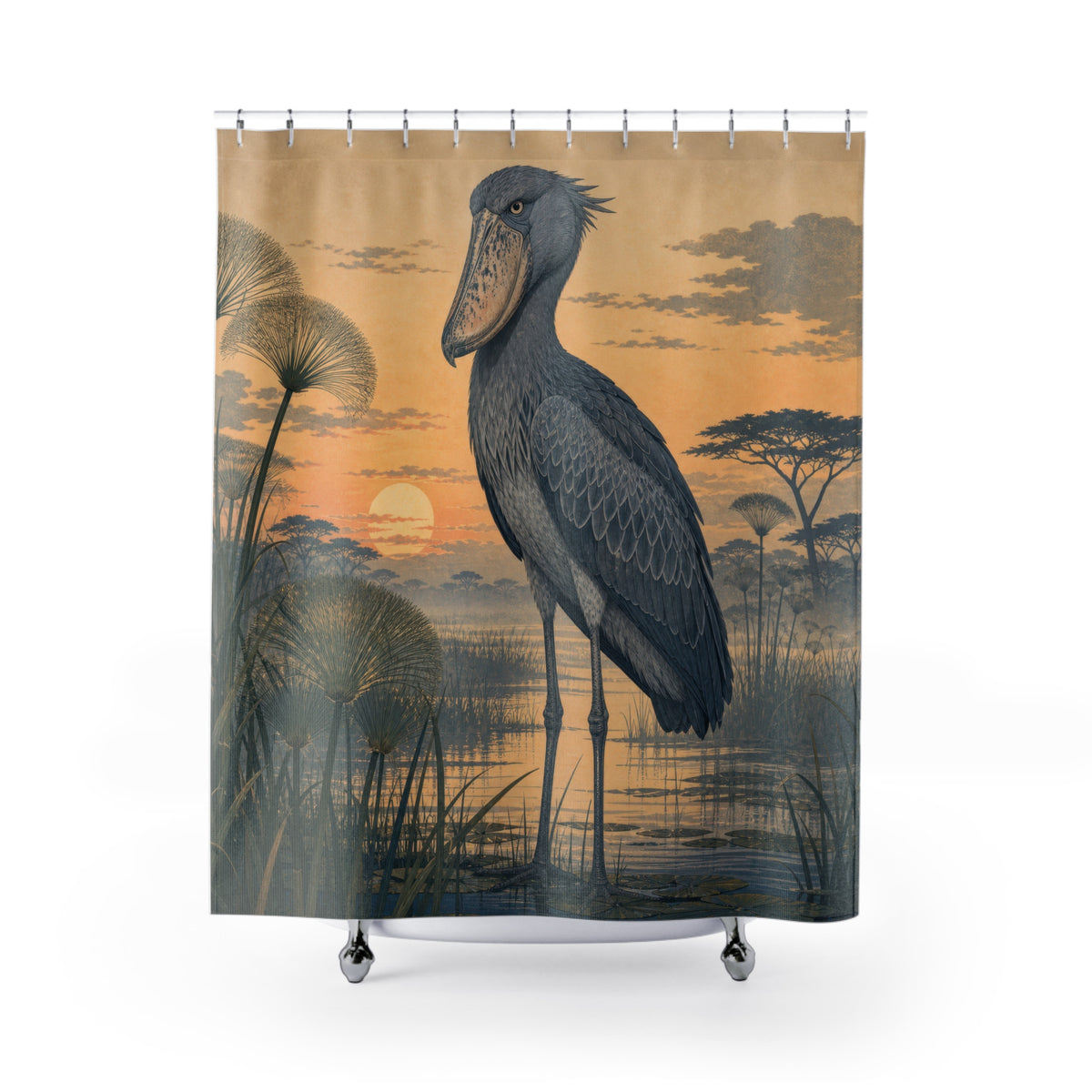 Shoebill animal standing above papyrus in a misty marsh shower curtain with full front view