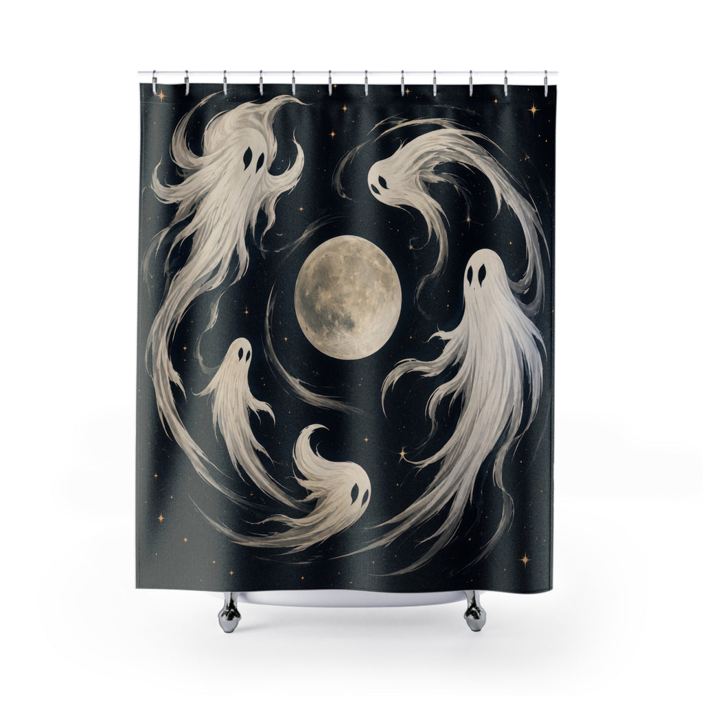 Ivory white ghosts orbiting a pale moon shower curtain with full front view