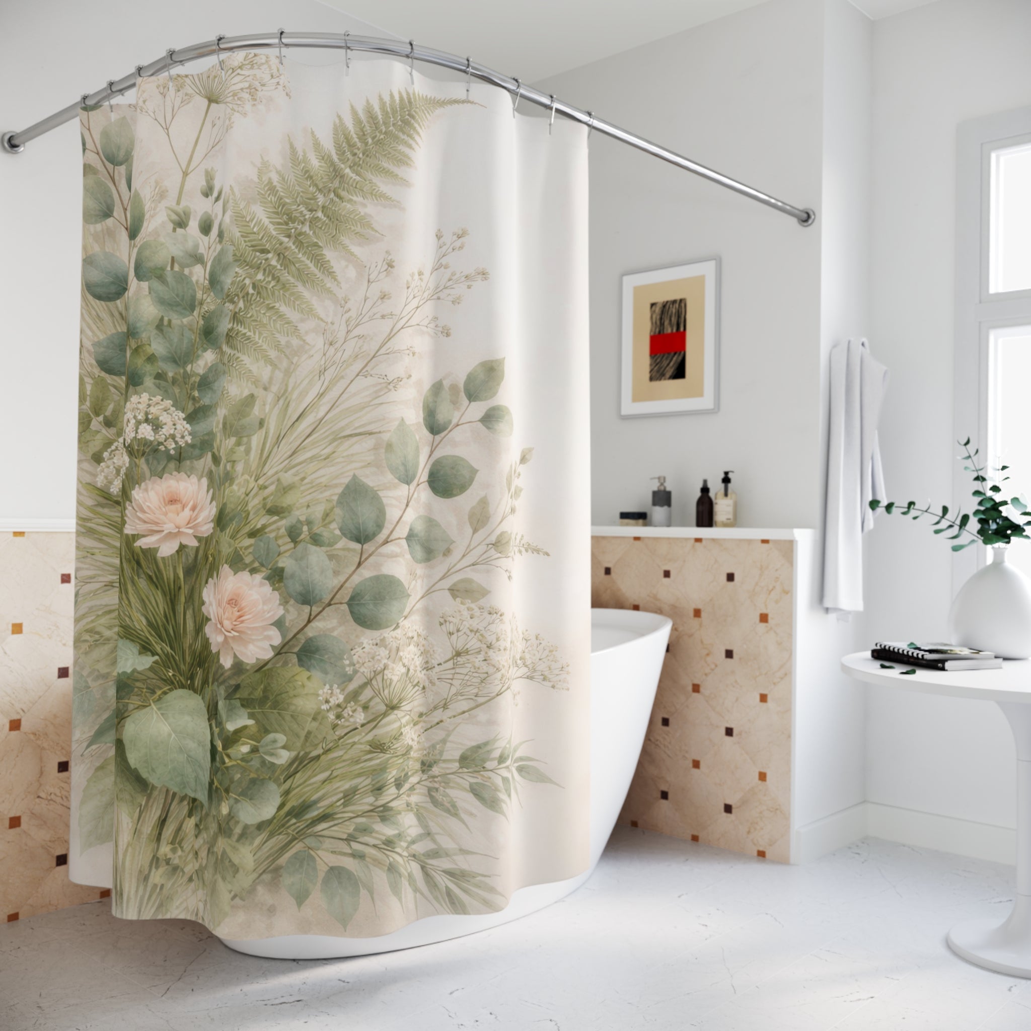 Botanical Rose Shower Curtain – Sage and Ivory