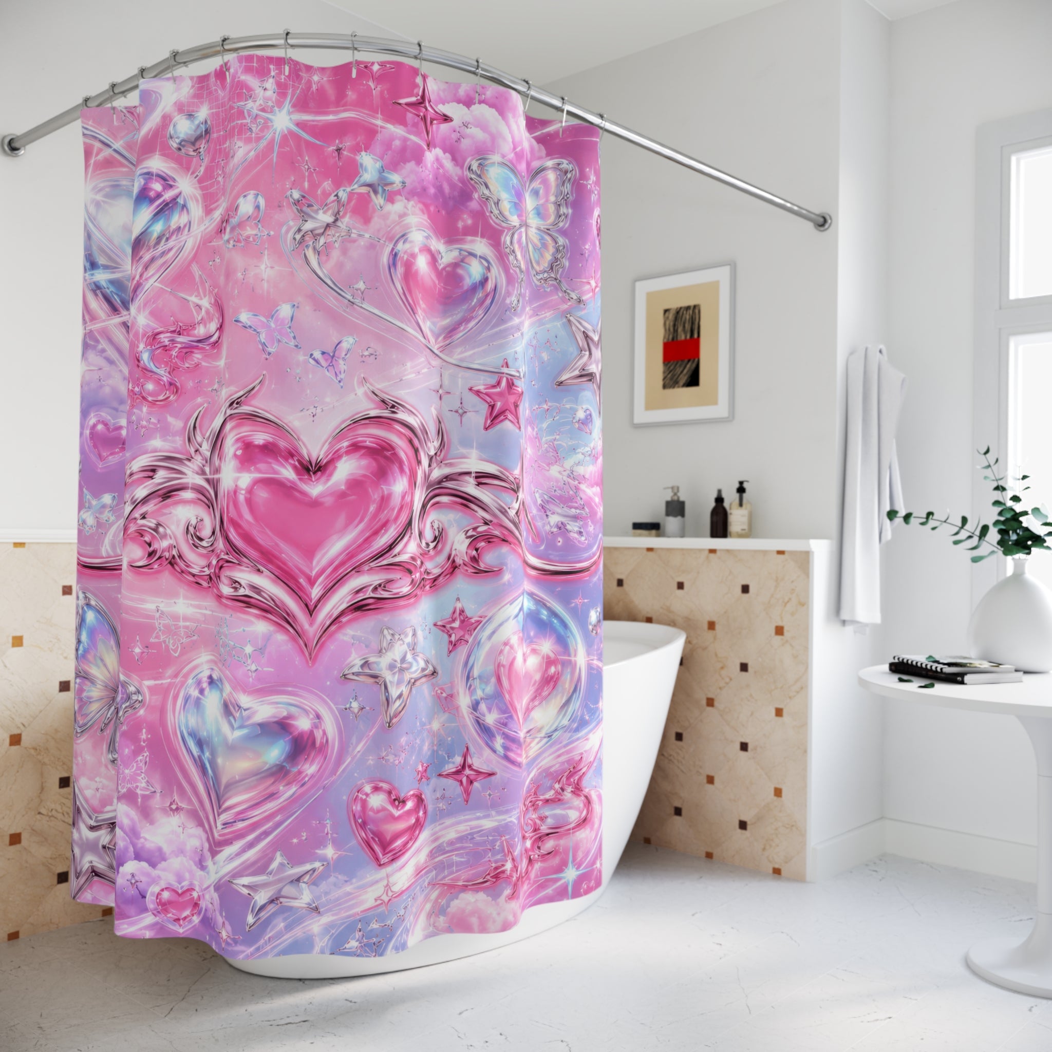 Y2K Pink Shower Curtain: Chrome Heart Star Butterfly