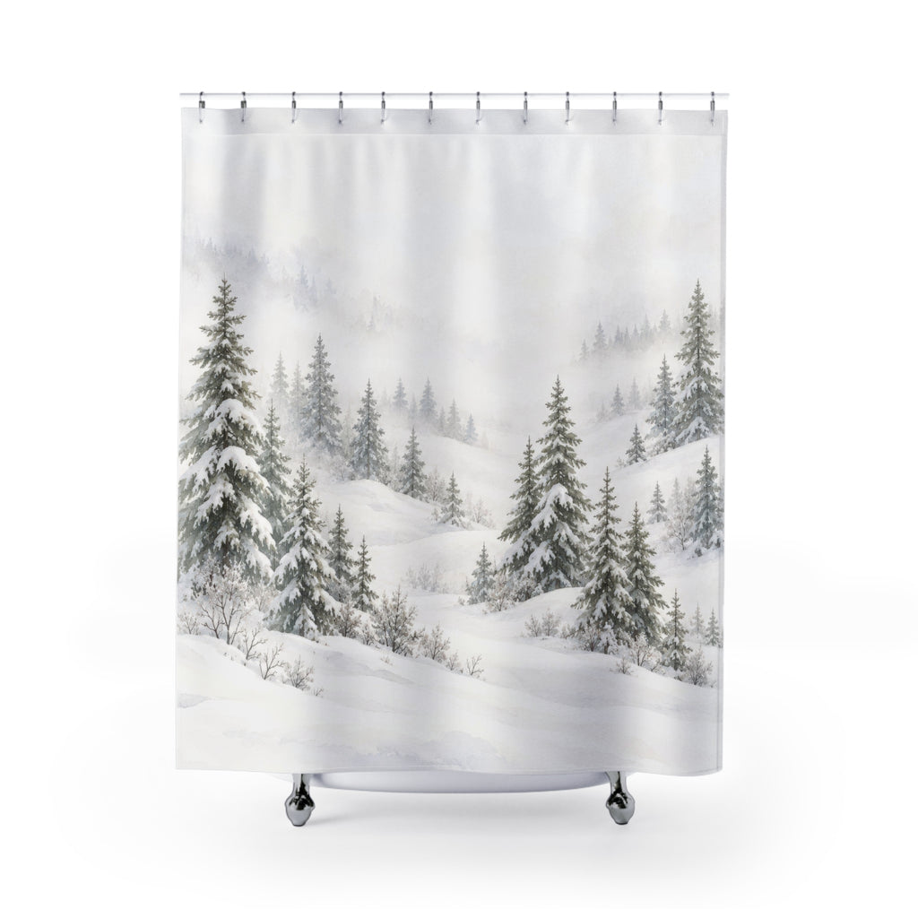 Snow-laden sage-gray pines in white mist and drifts shower curtain with full front view