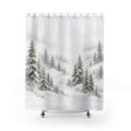 Snow-laden sage-gray pines in white mist and drifts shower curtain with full front view