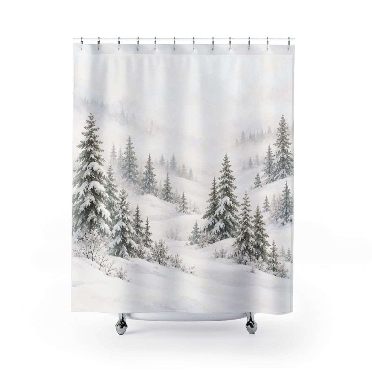 Snow-laden sage-gray pines in white mist and drifts shower curtain with full front view