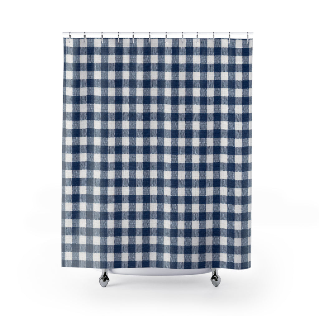 Navy Shower Curtain, Gingham Bath Decor, Blue White Checkered Pattern, Classic Farmhouse Guest Bathroom Decor, Navy Blue Gingham Style