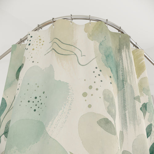 Abstract Botanical Green shower curtain with close-up print, hooks, and folds