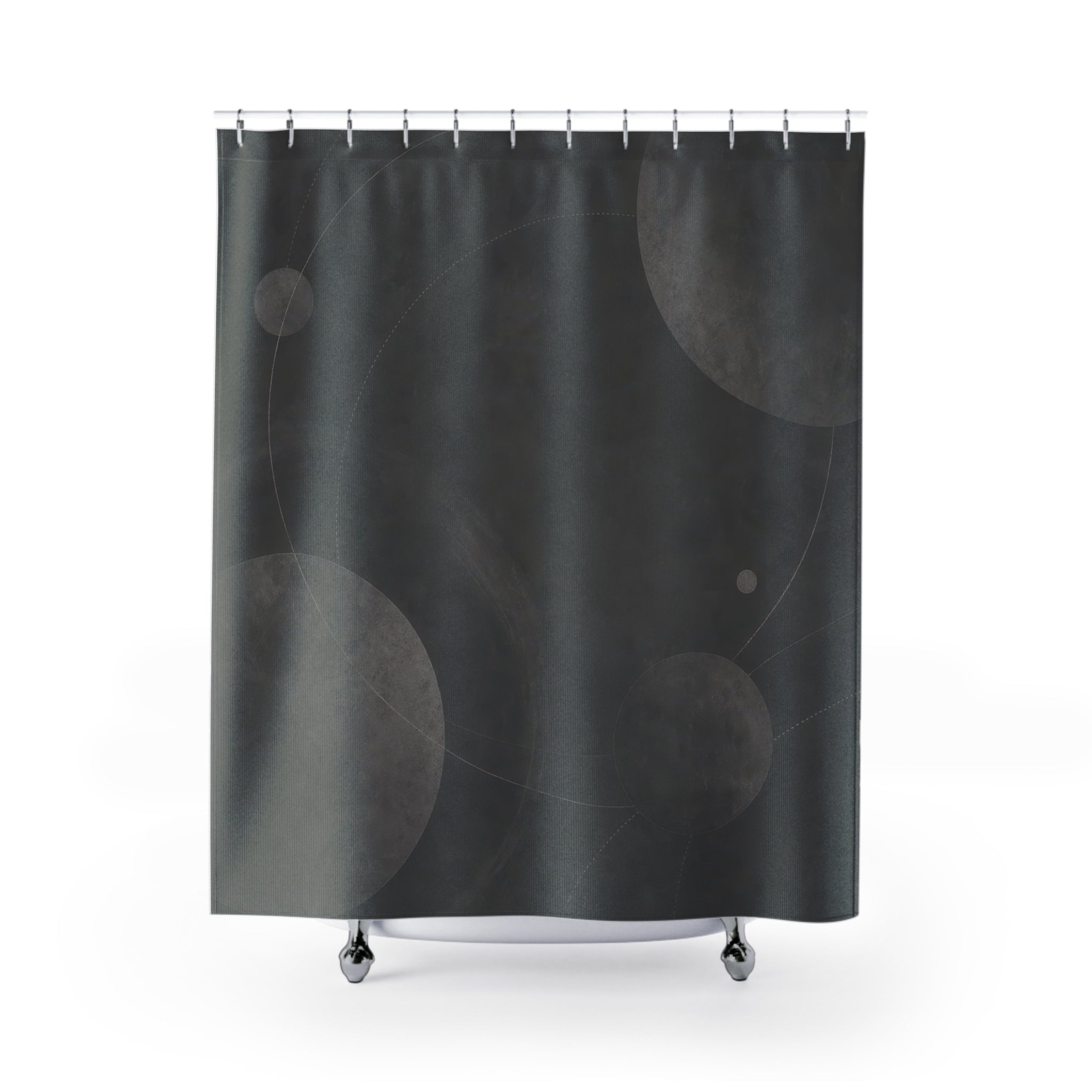 Celestial Shower Curtain, Dark Gray Moon Bath Decor, Abstract Orbit Circle Pattern, Modern Guest Bathroom Decor, Moody Space Style