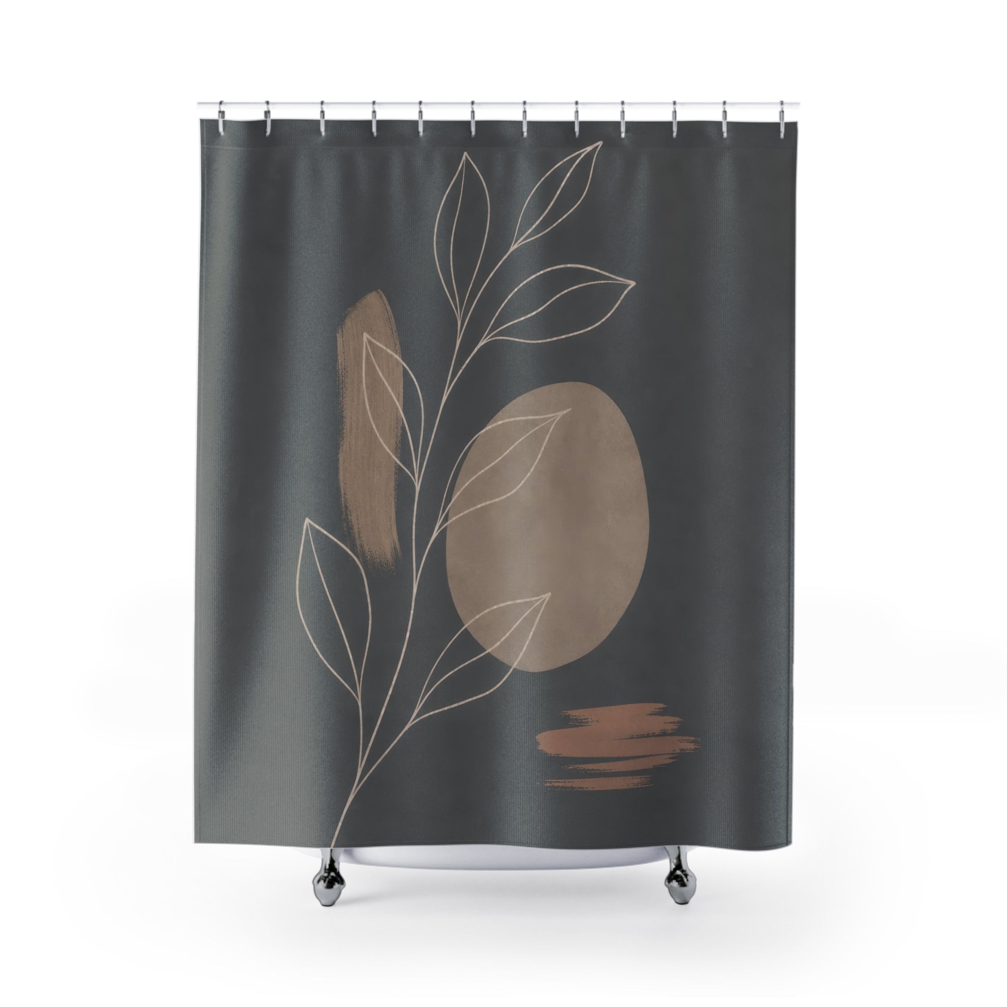Dark Gray Leaf Line Art Shower Curtain