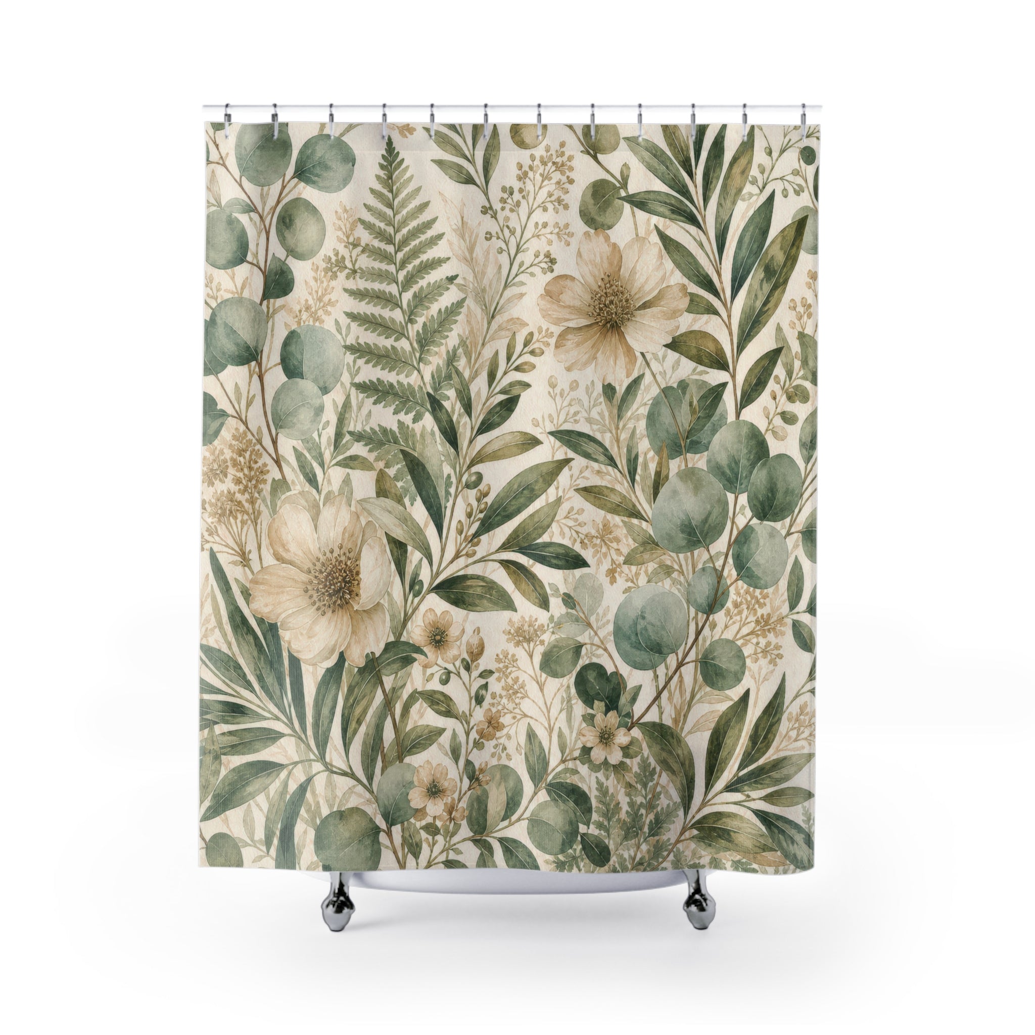 Green and Beige Shower Curtain: Botanical Leaf Pattern