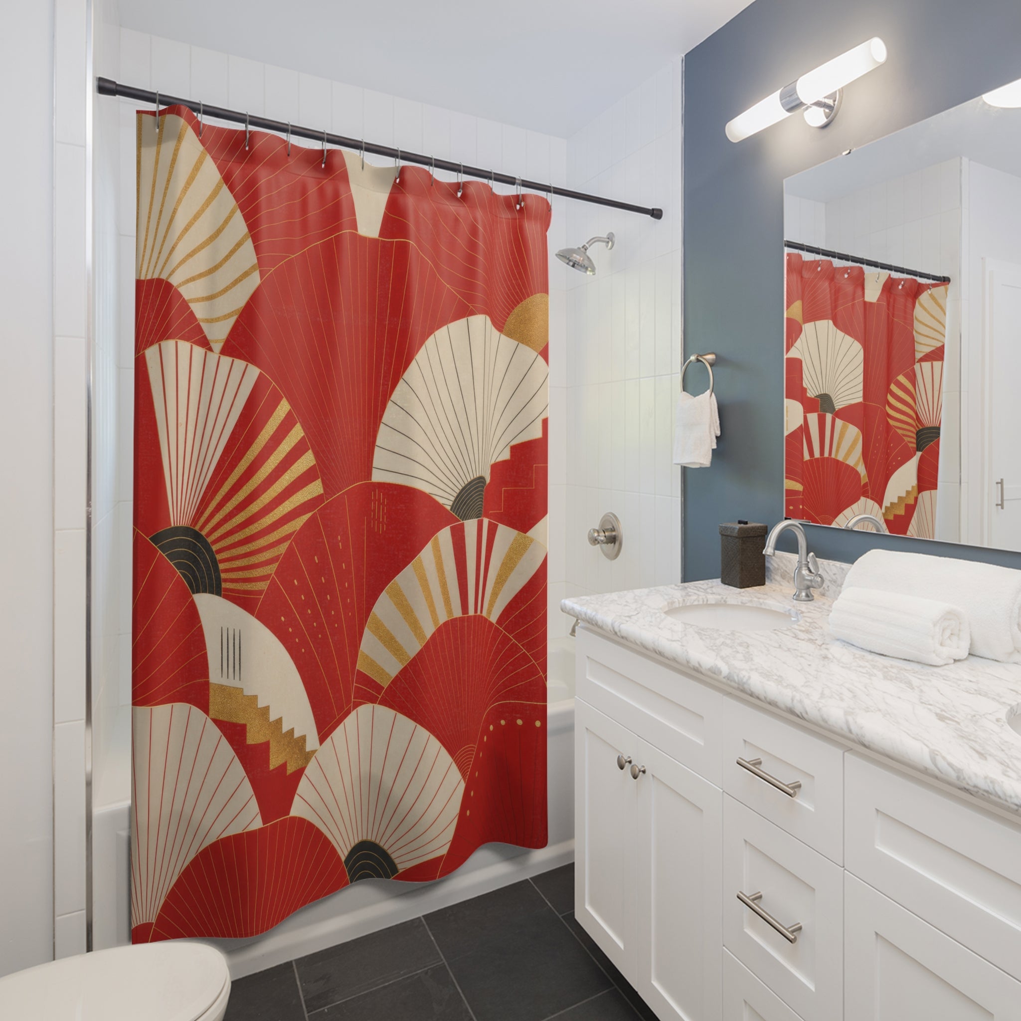 Deco Fan Red and White Shower Curtain
