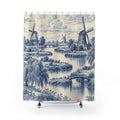 Blue windmills and willow trees beside an ivory canal shower curtain with full front view