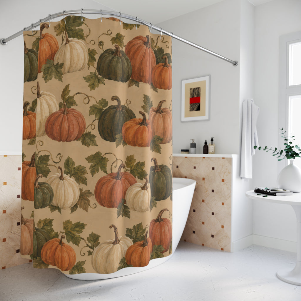 Orange olive and cream pumpkins with leafy stems shower curtain beside a freestanding tub