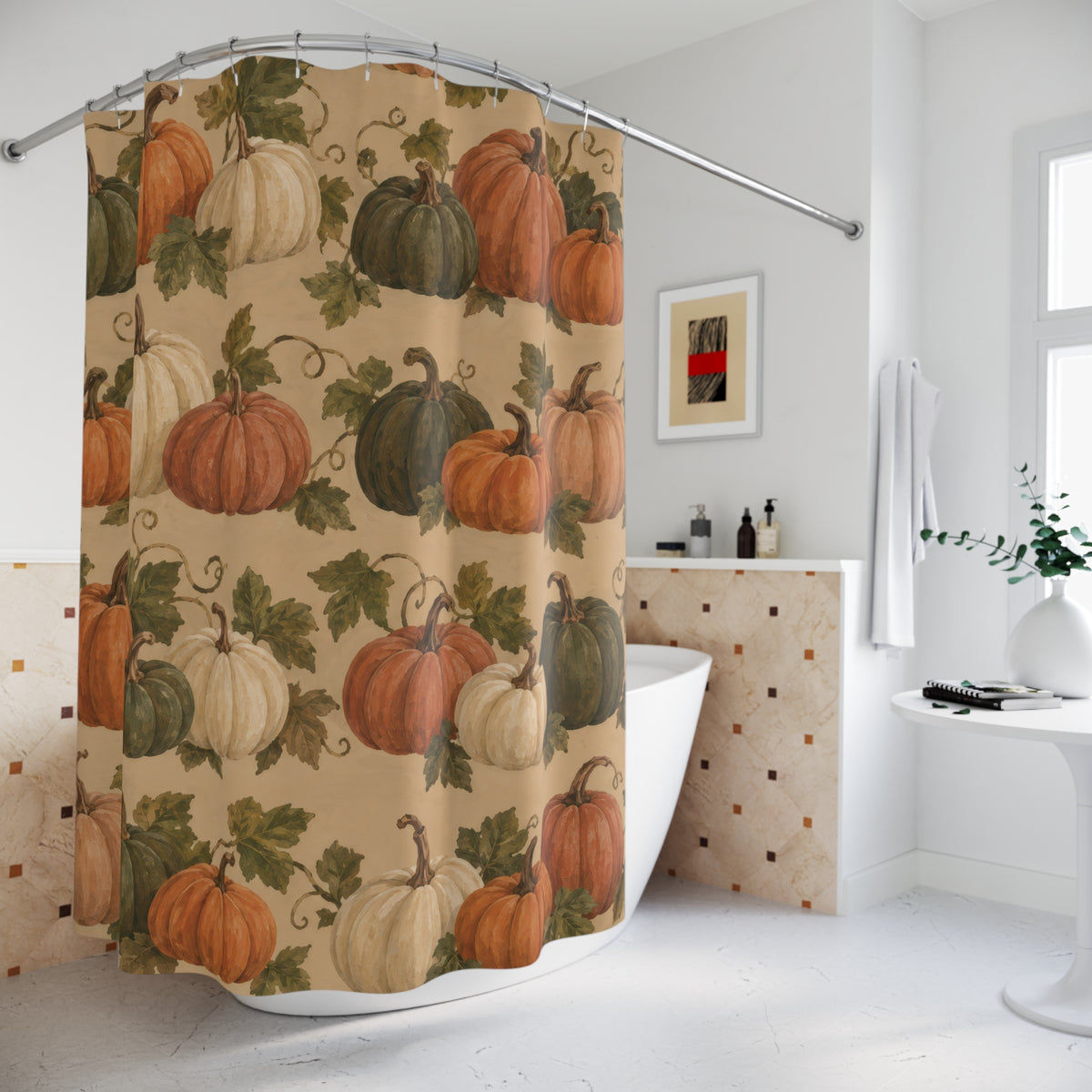 Orange olive and cream pumpkins with leafy stems shower curtain beside a freestanding tub