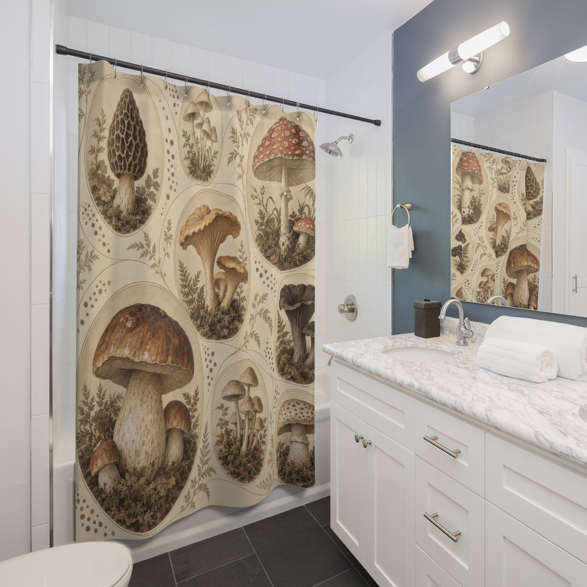 Vintage mushroom cameos in sepia and ivory shower curtain beside a white vanity