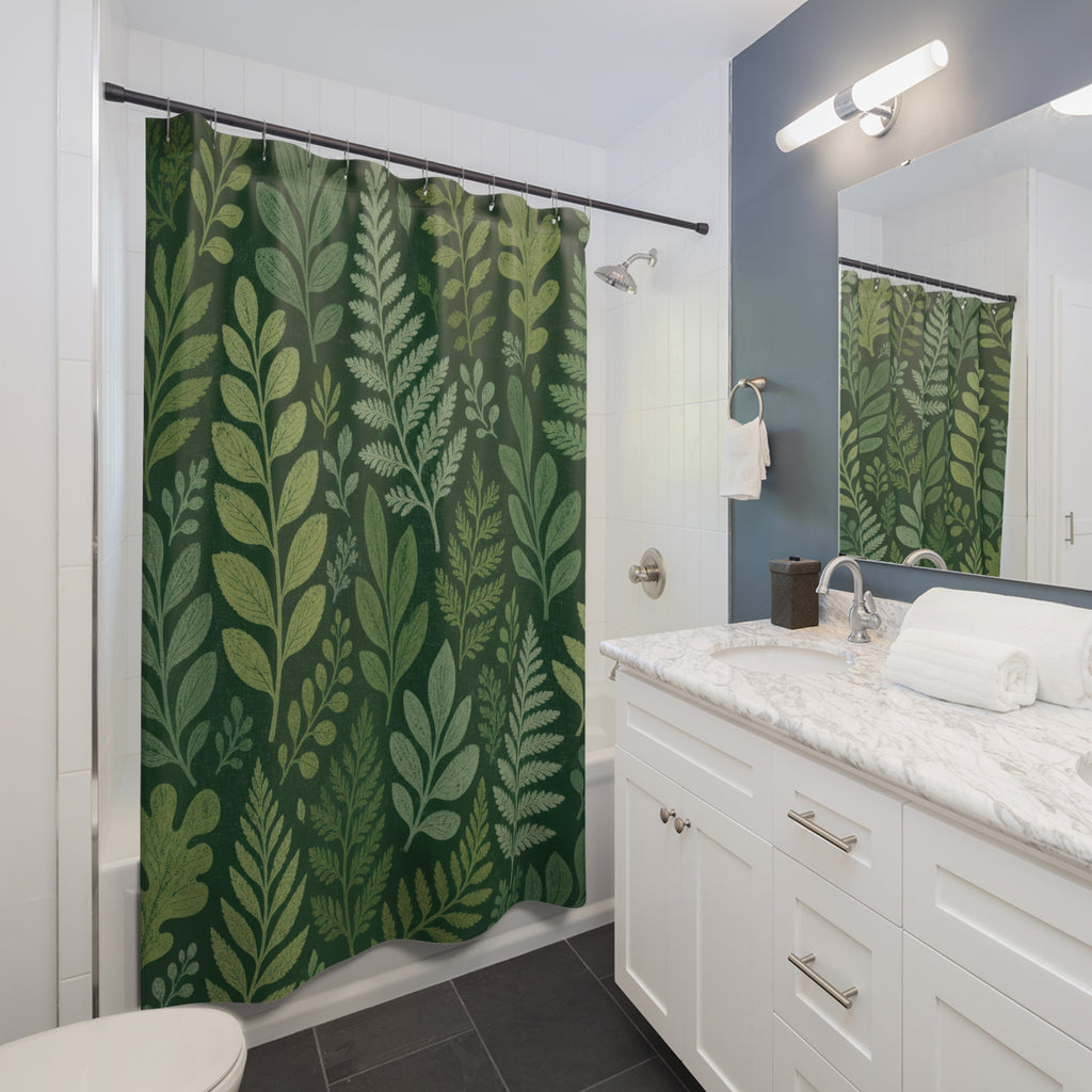 Green Boho Shower Curtain, Botanical Leaf Bath Decor, Fern Pattern, Sage Forest Guest Bathroom Decor, Natural Bohemian Style