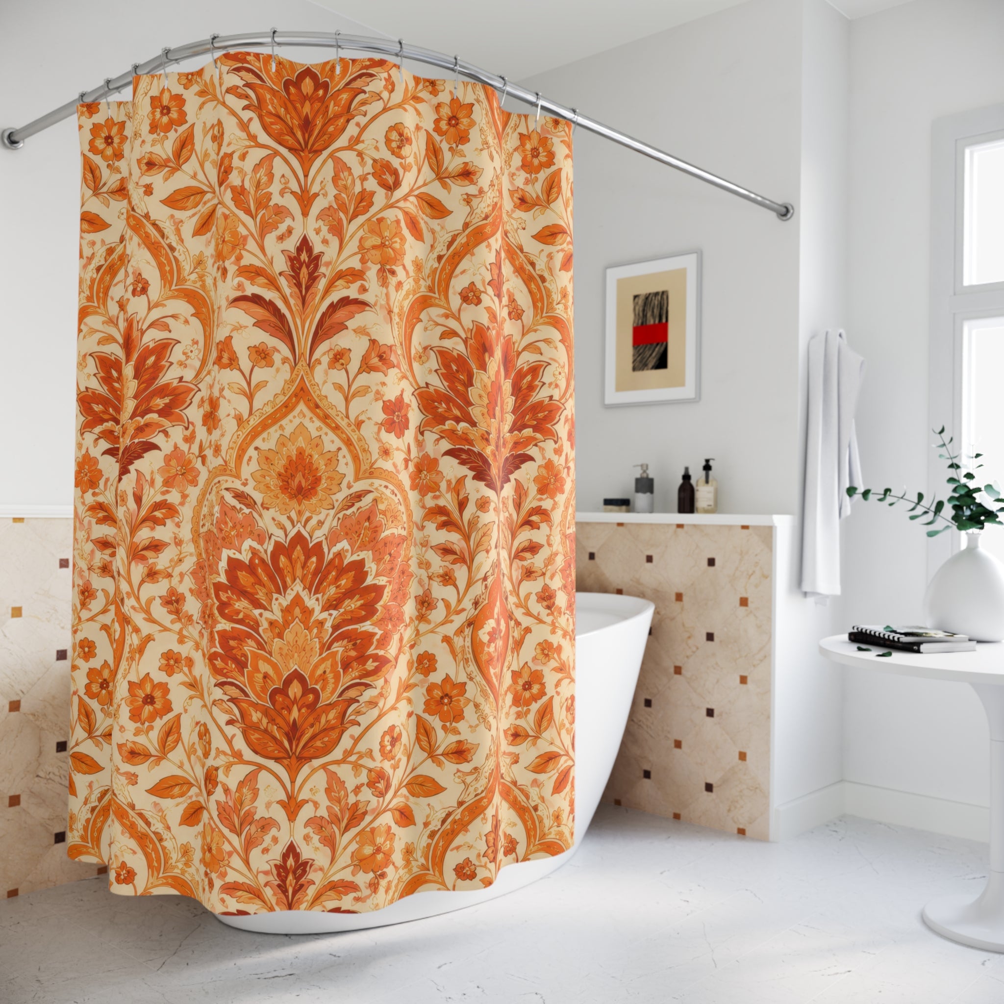Orange Patterned Shower Curtain: Terracotta Floral Damask