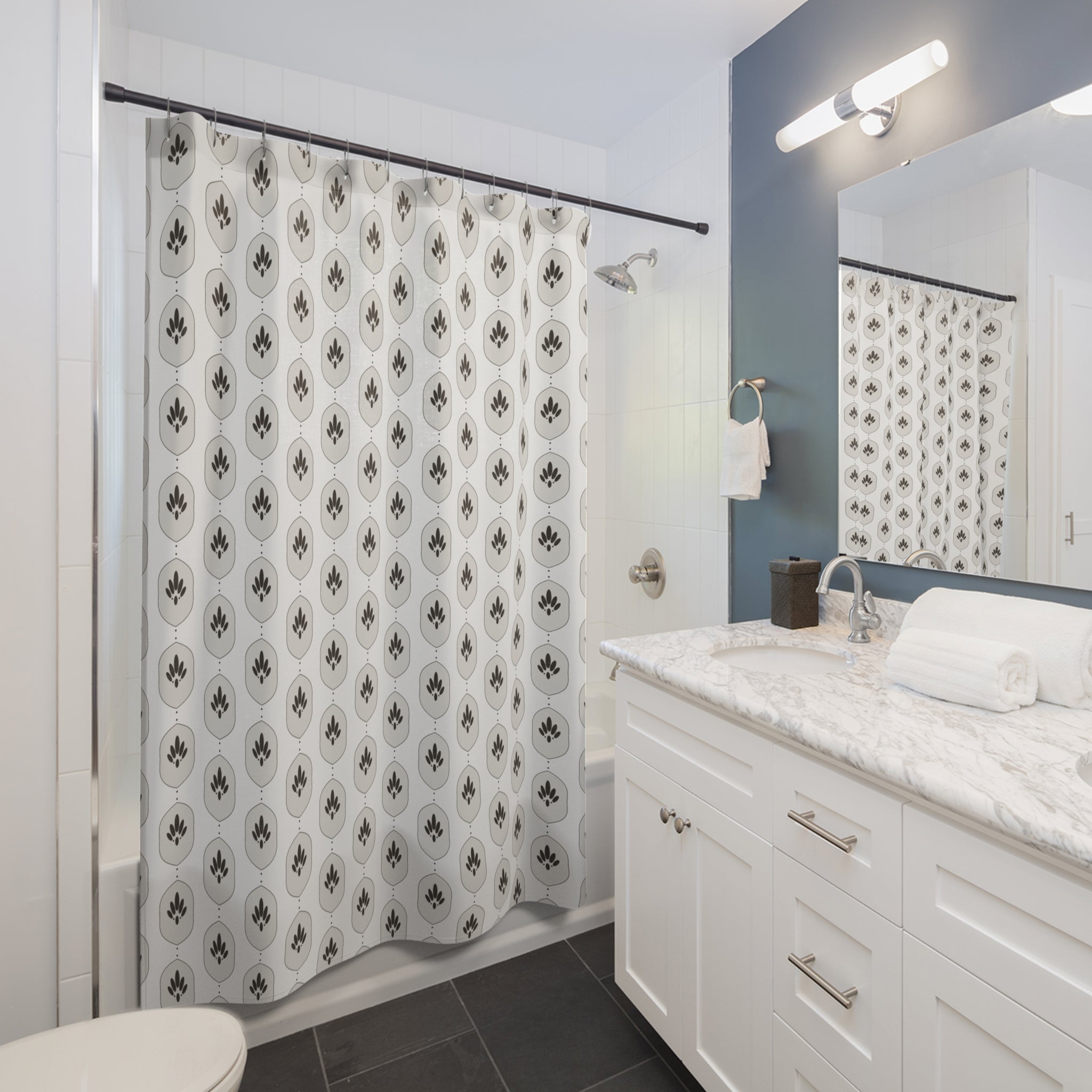 Charcoal & White Damask Shower Curtain – Modern Ogee