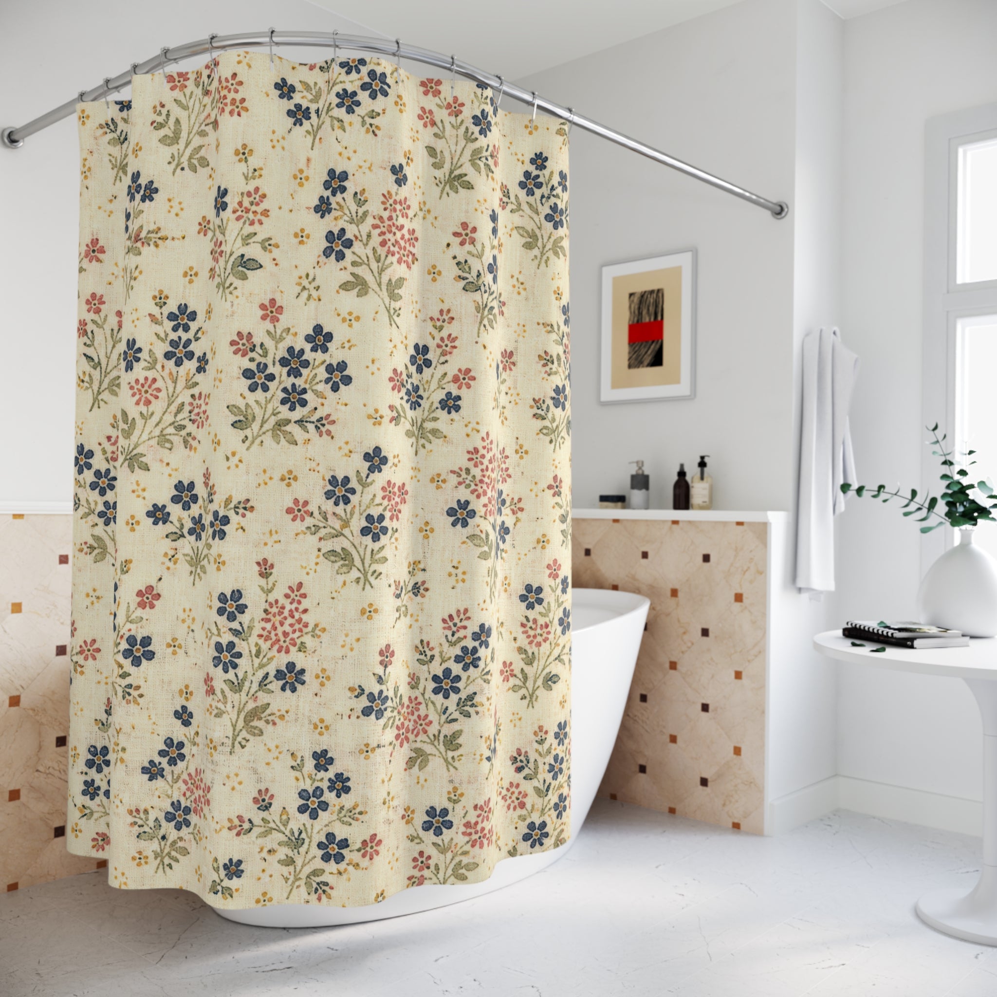 Red Blue Ditsy Flower Shower Curtain
