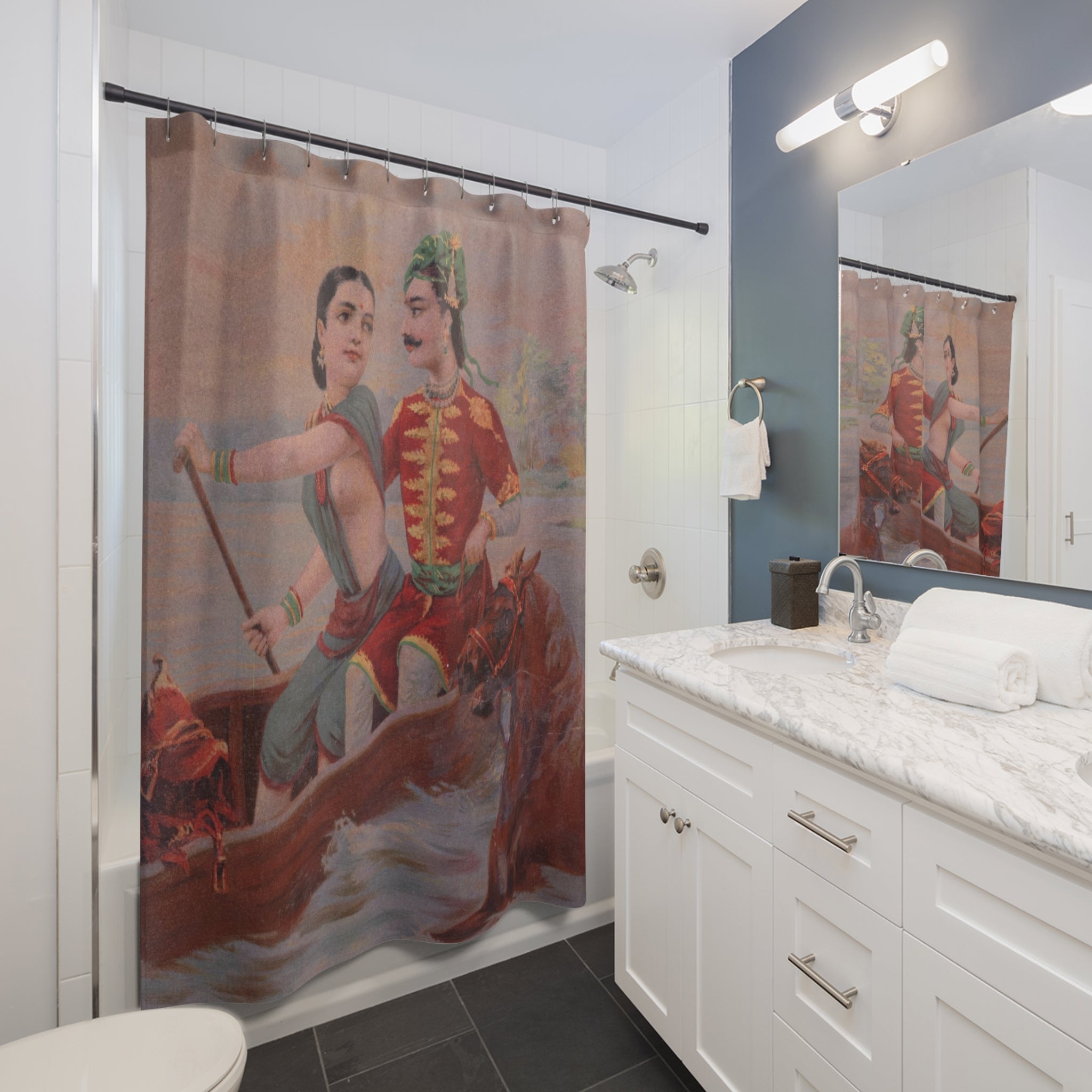 Indian Art Shower Curtain: Vintage River Scene