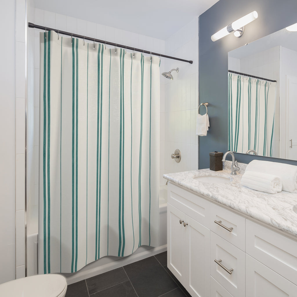 Teal Pinstripe Shower Curtain, Teal White Coastal Bathroom Decor, Clean Stripe Bath Curtain, Guest Bathroom Decor, Small Bathroom Decor