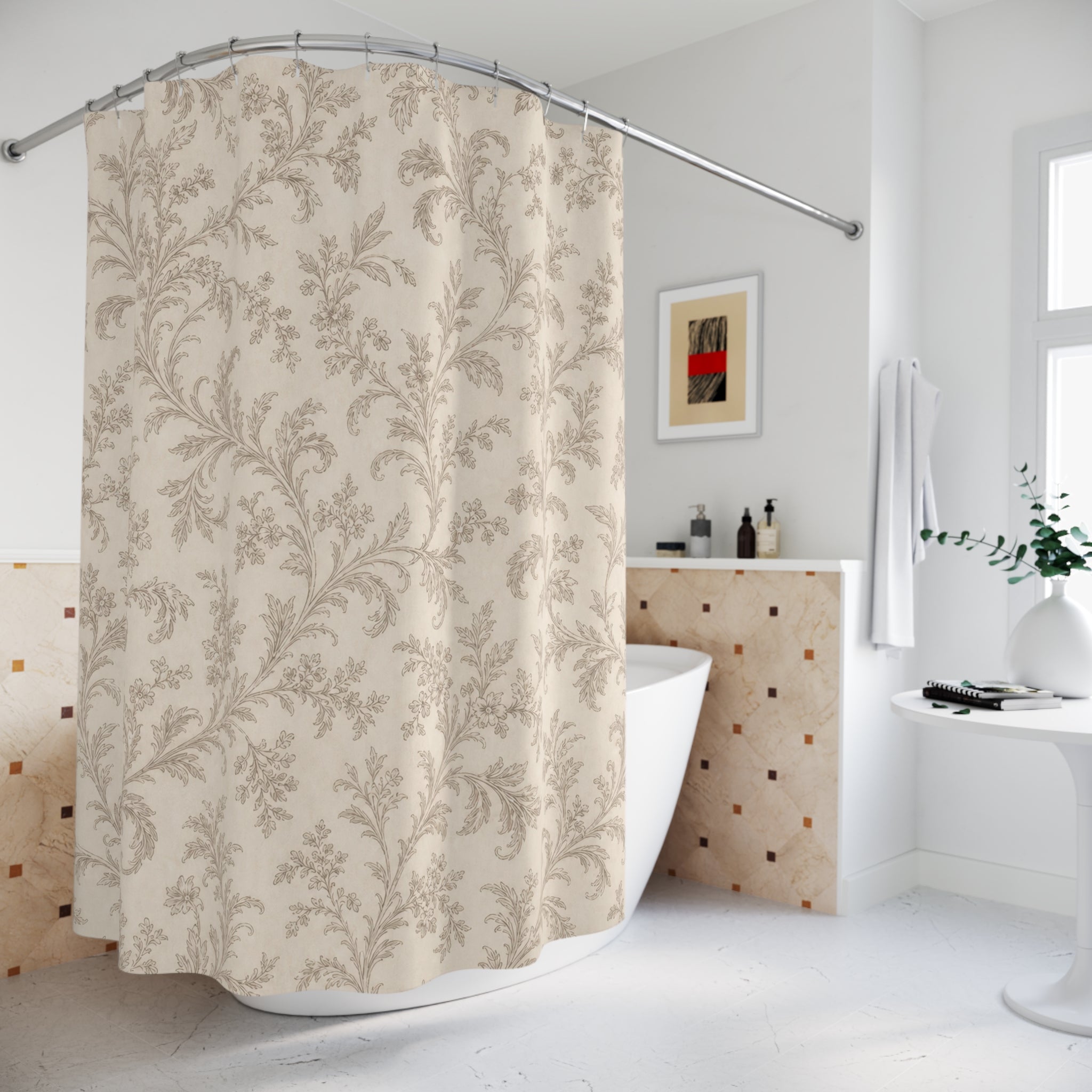 Beige Floral Scroll Botanical Shower Curtain