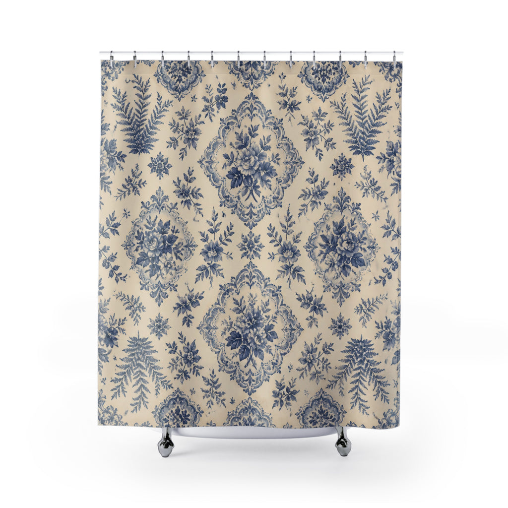Blue Toile Floral Botanical Vintage Farmhouse Shower Curtain