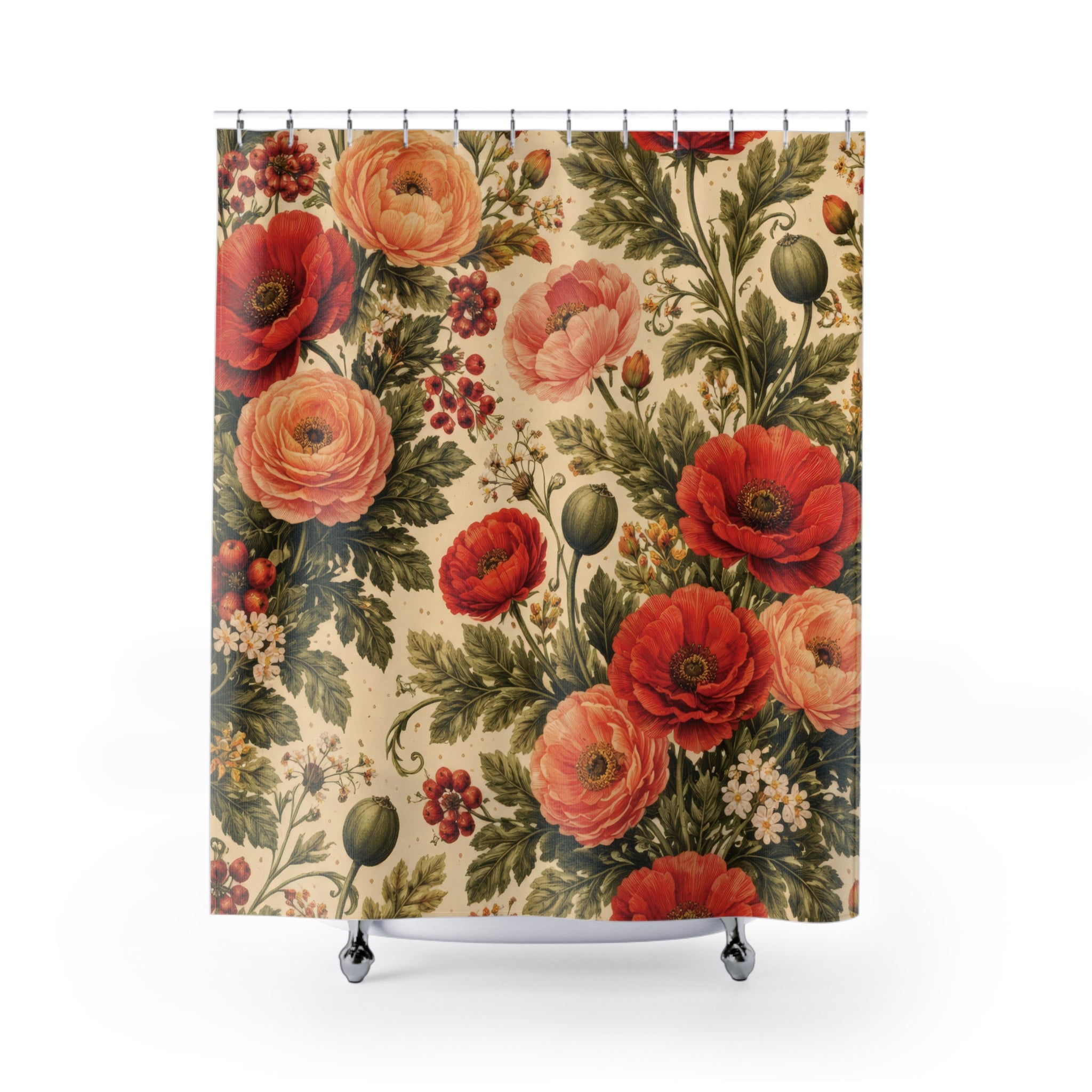 Red Floral Shower Curtain – Poppy & Coral Garden