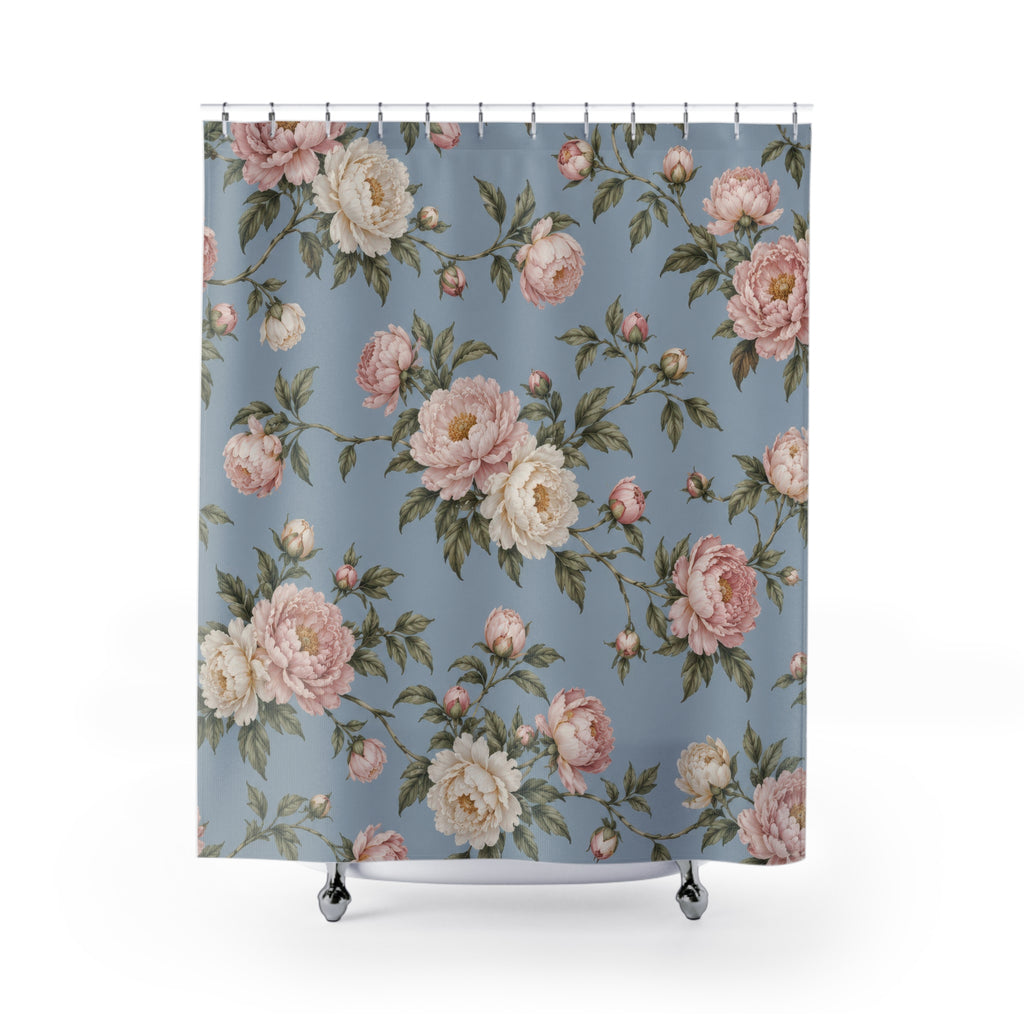 Blush and ivory peonies on dusty blue shower curtain with full front view