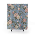 Blush and ivory peonies on dusty blue shower curtain with full front view
