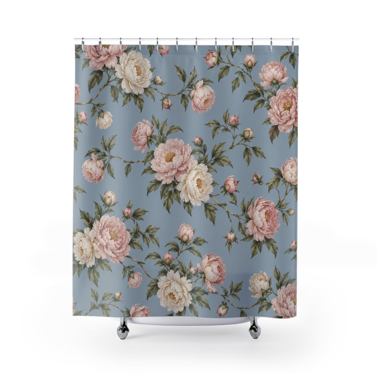 Blush and ivory peonies on dusty blue shower curtain with full front view