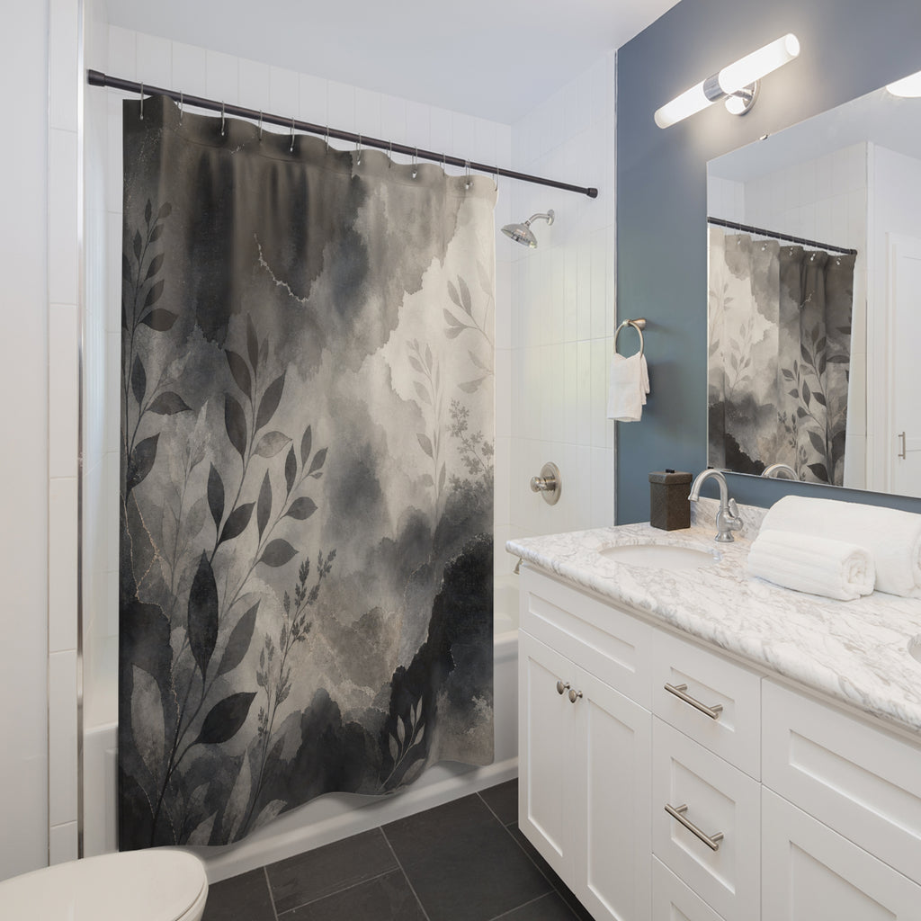 Charcoal Grey Shower Curtain: Botanical Ink Landscape