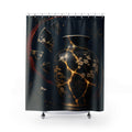 Japanese kintsugi vessel with gold cracks and indigo halo shower curtain with full front view
