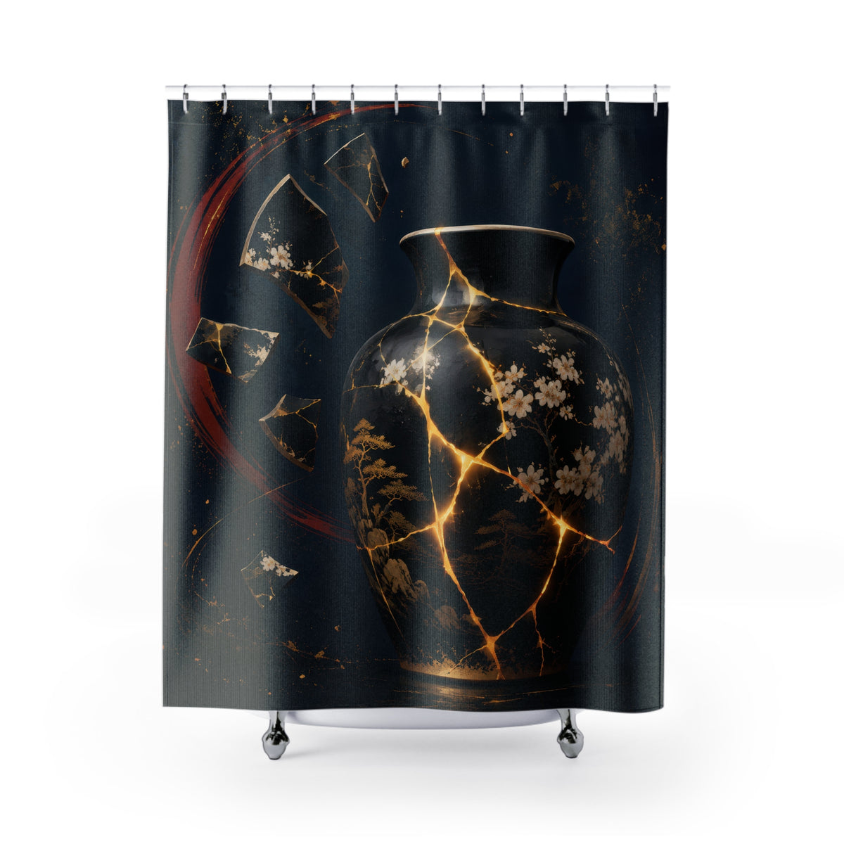 Japanese kintsugi vessel with gold cracks and indigo halo shower curtain with full front view