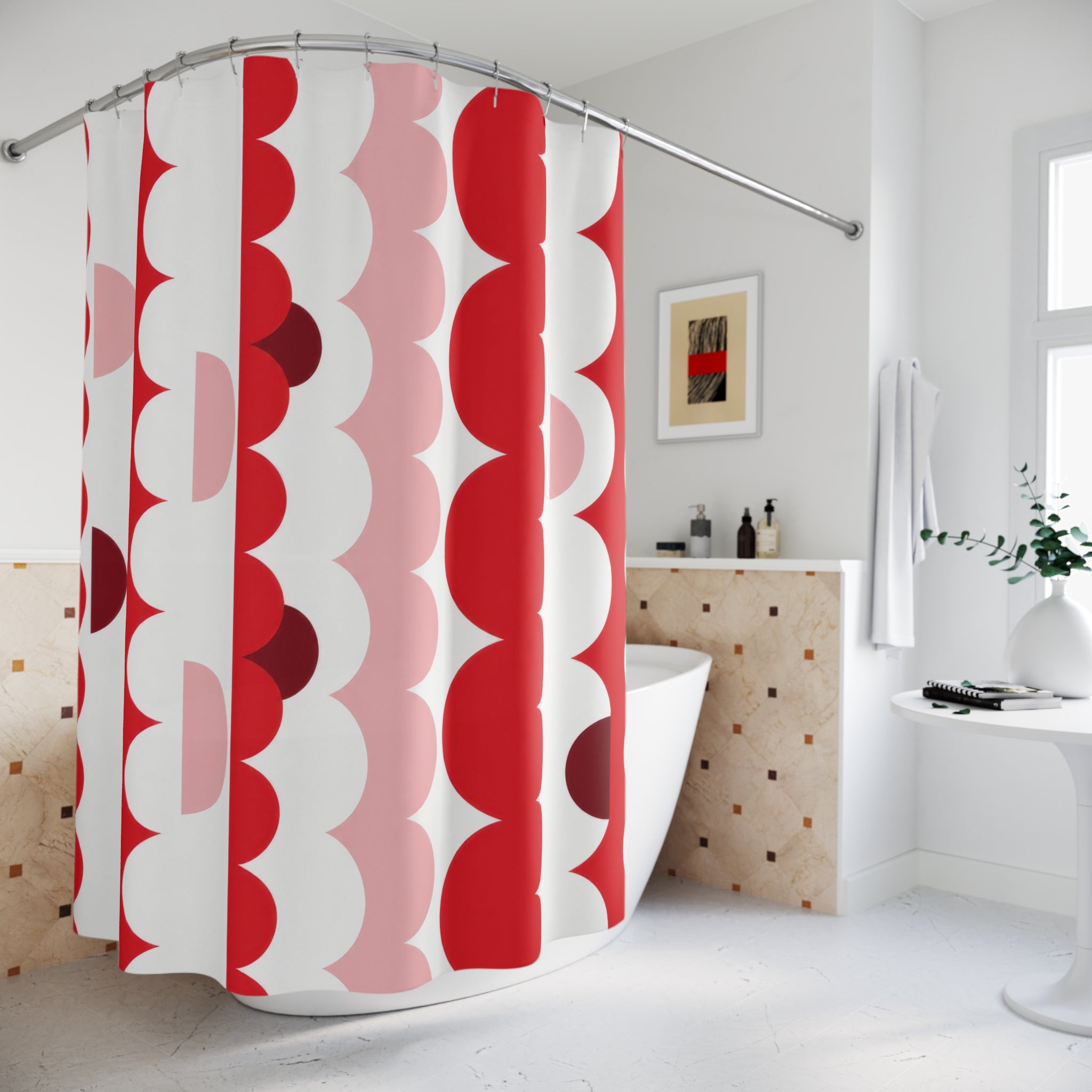 Red & White Ribbon Scalloped Shower Curtain