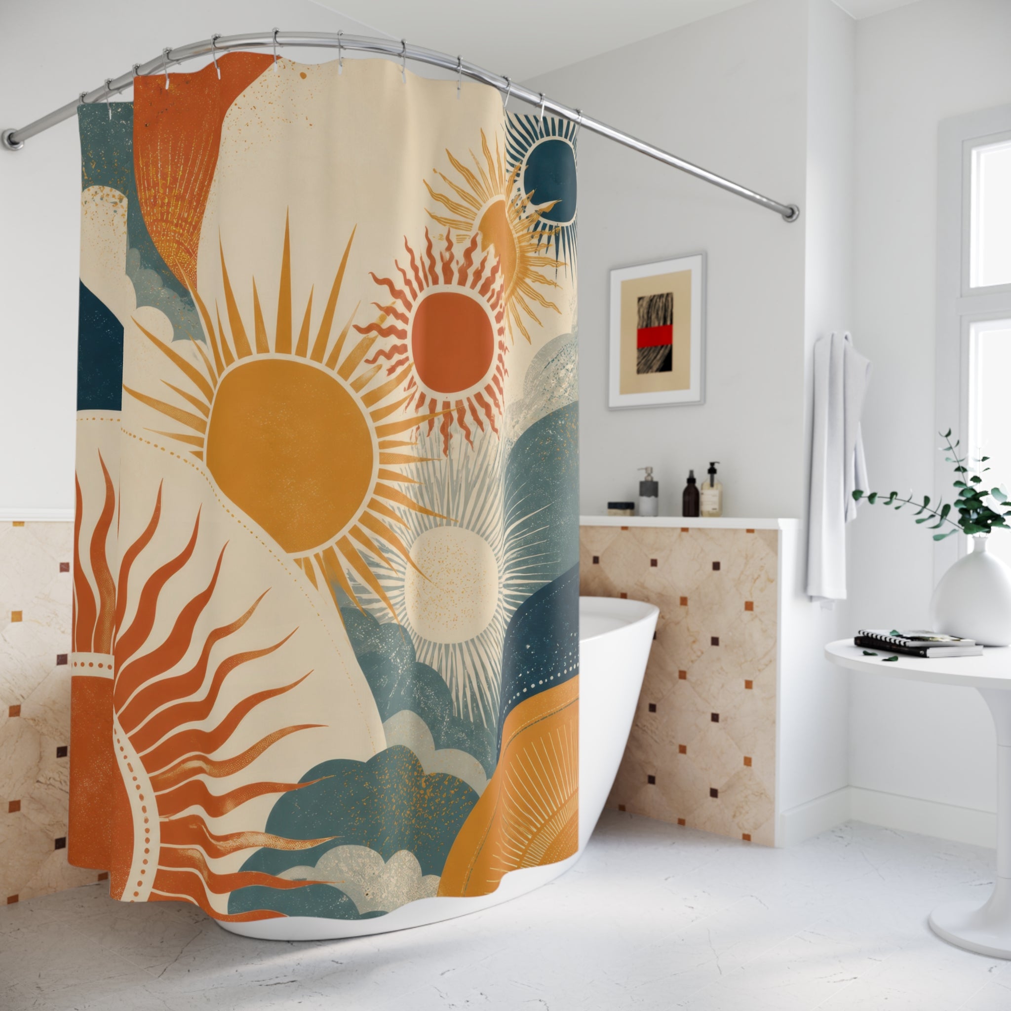 Terracotta Teal Sun Procession Shower Curtain