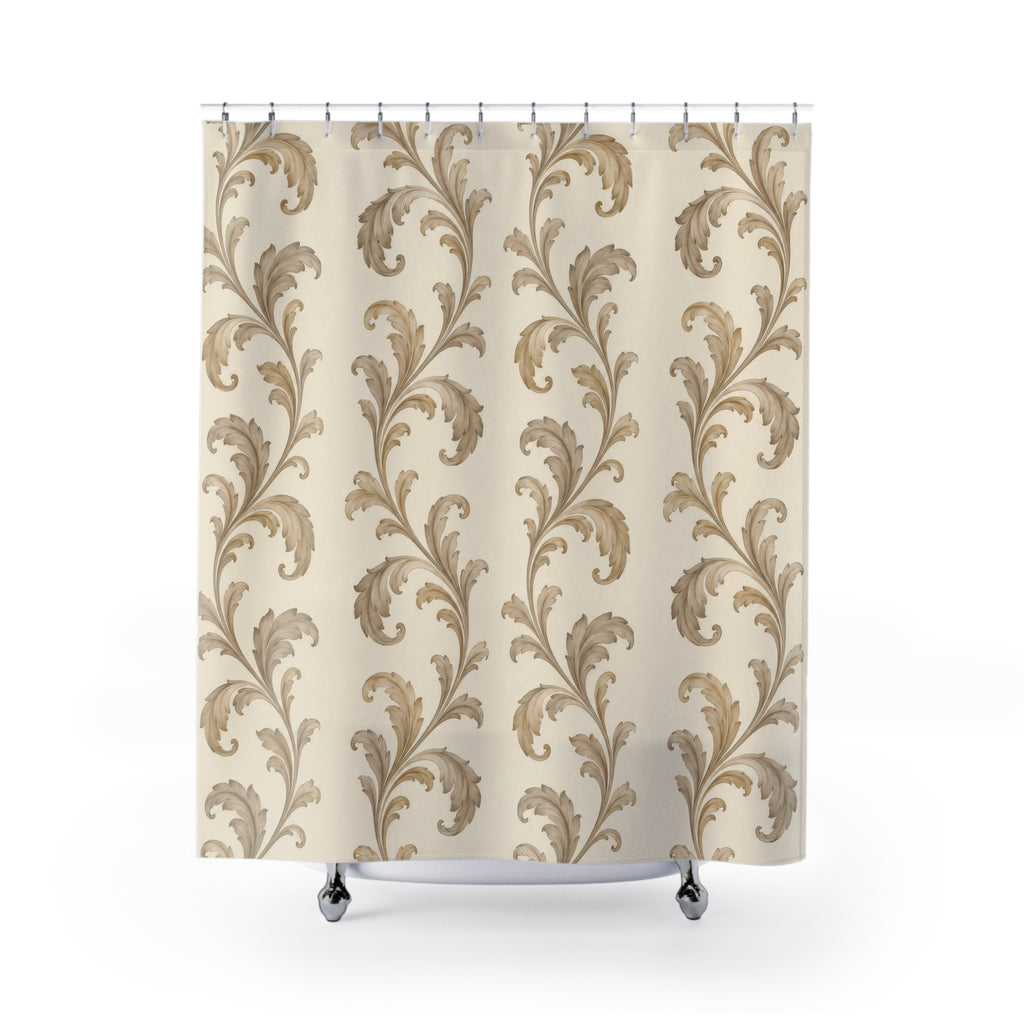 Champagne beige acanthus scrolls on warm cream shower curtain with full front view