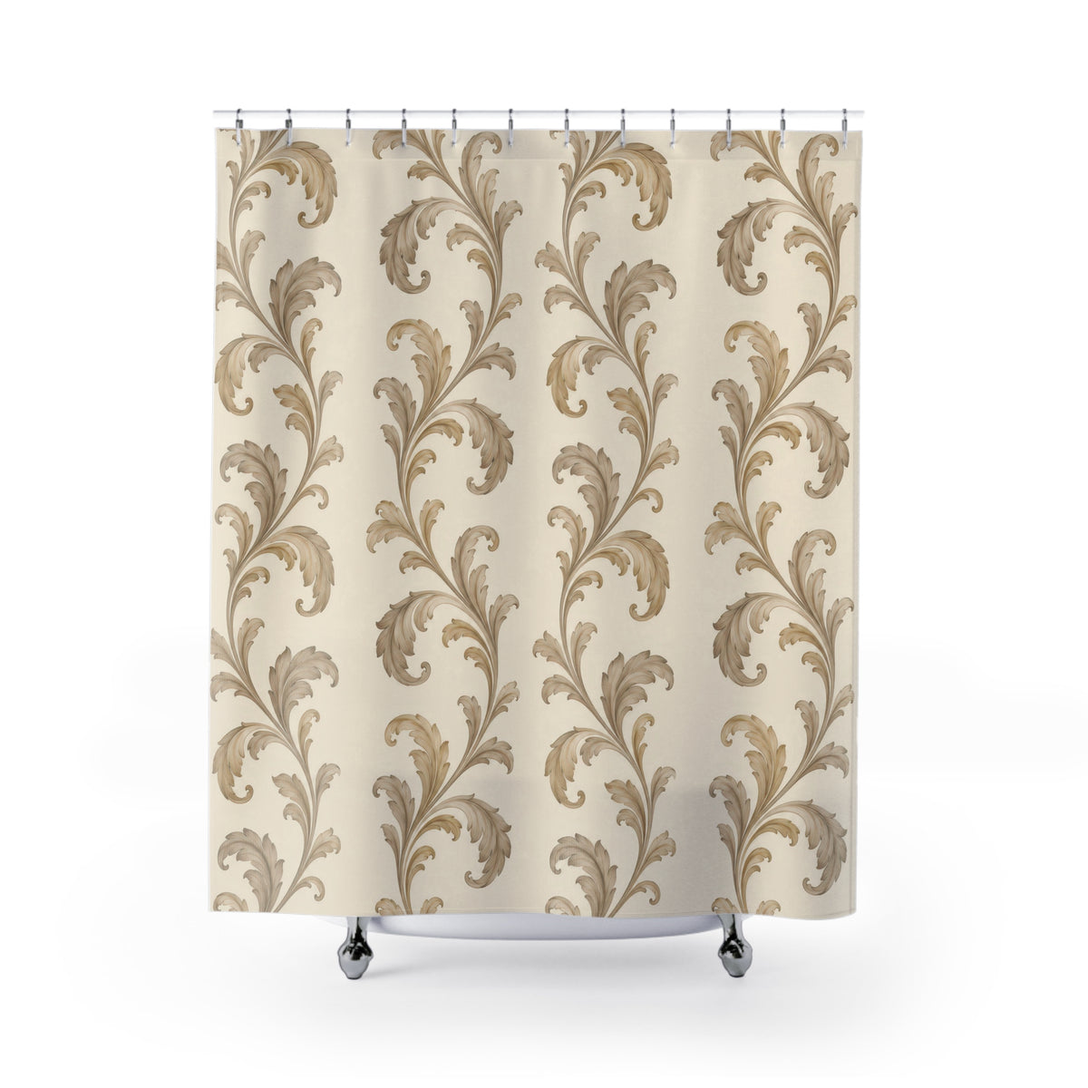 Champagne beige acanthus scrolls on warm cream shower curtain with full front view