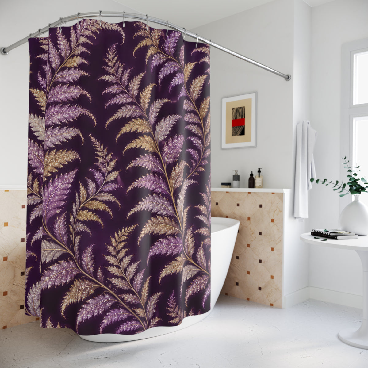 Lilac and gold-colored fern fronds on purple shower curtain beside a freestanding tub