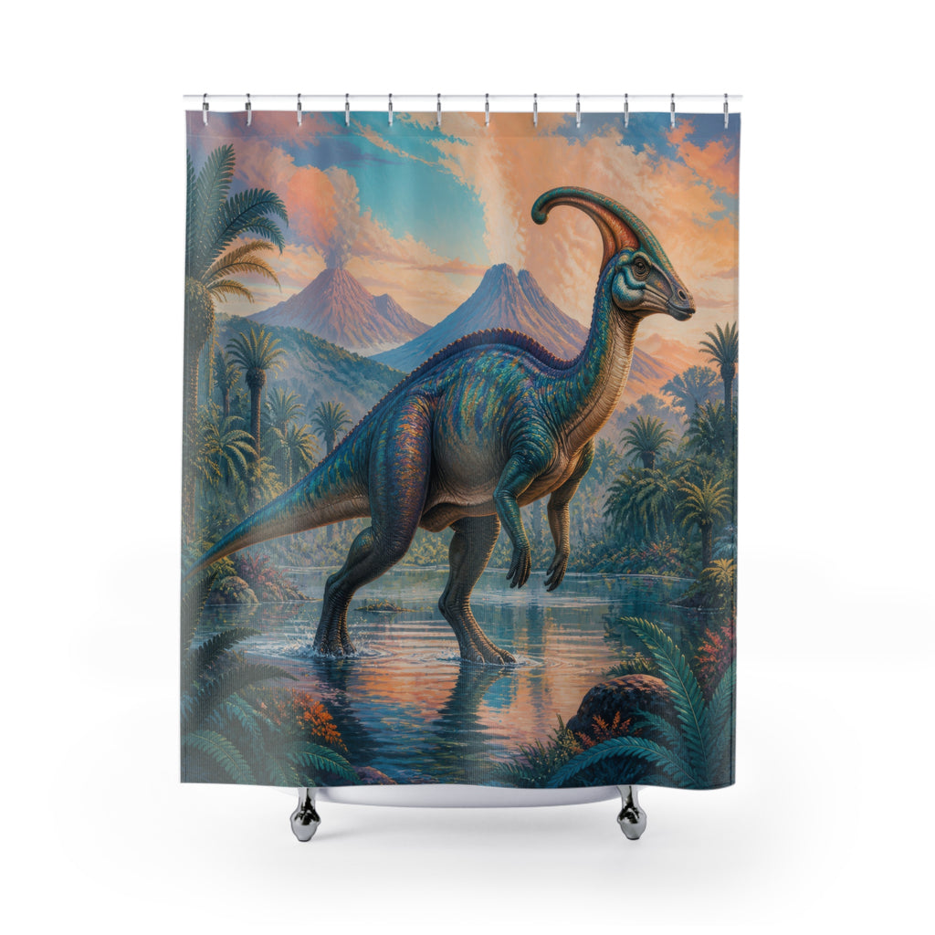 Blue orange parasaurolophus in a reflective tropical river shower curtain with full front view