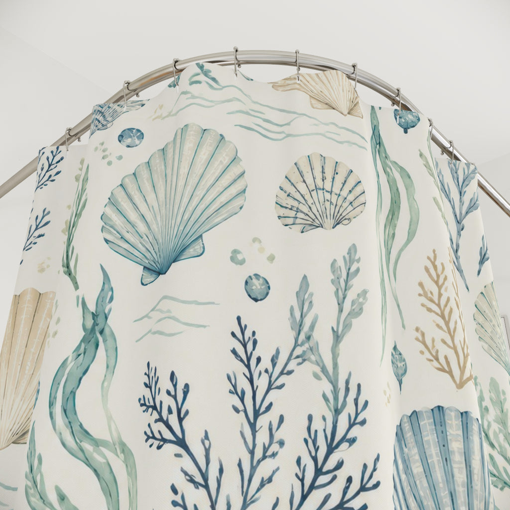 Coastal Shower Curtain, Shell Seaweed Beach Pattern, Pale Blue Bathroom Decor, Serene Beach Wall Decor Guest Bath Wall Gift For Home