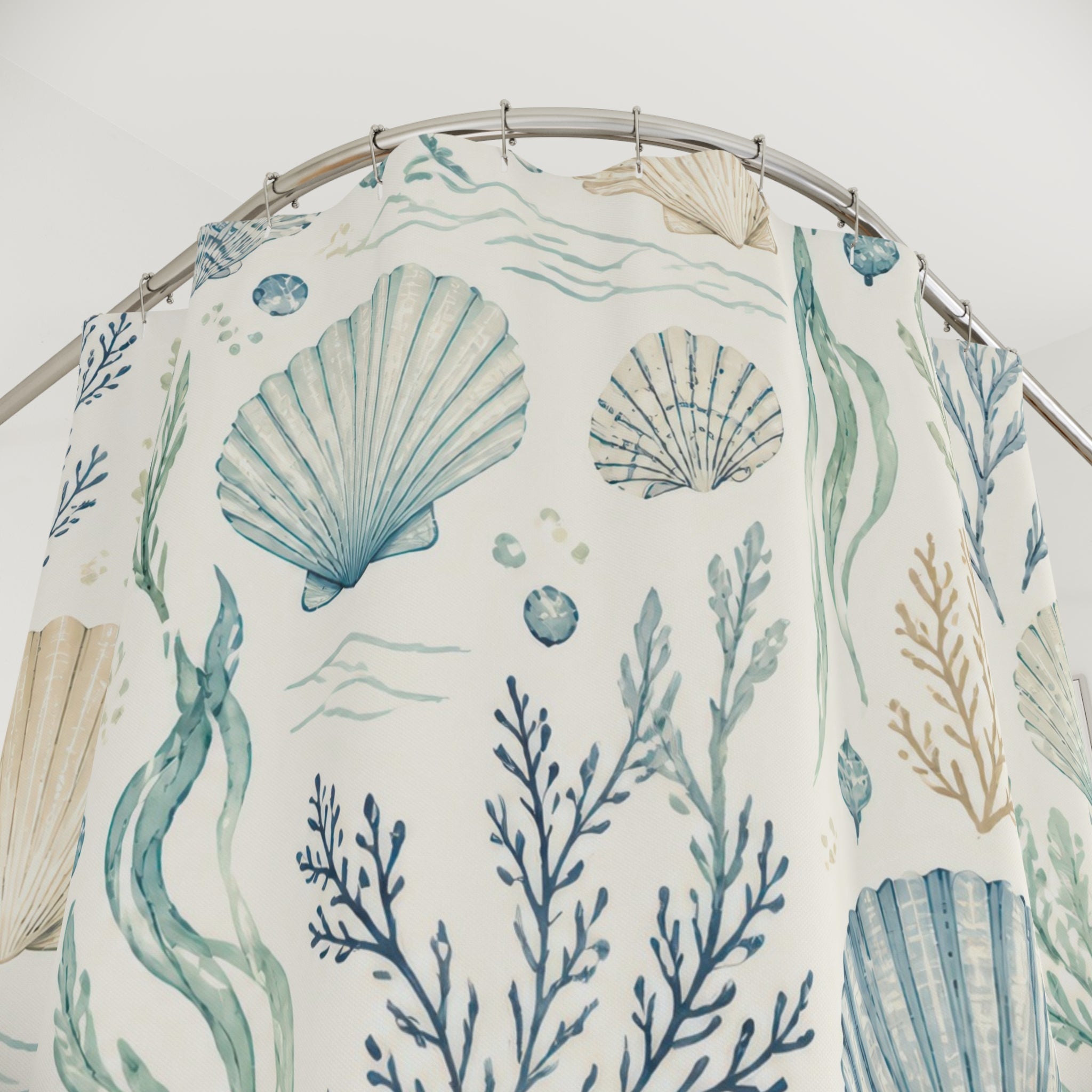 Coastal Shower Curtain, Shell Seaweed Beach Pattern, Pale Blue Bathroom Decor, Serene Beach Wall Decor Guest Bath Wall Gift For Home