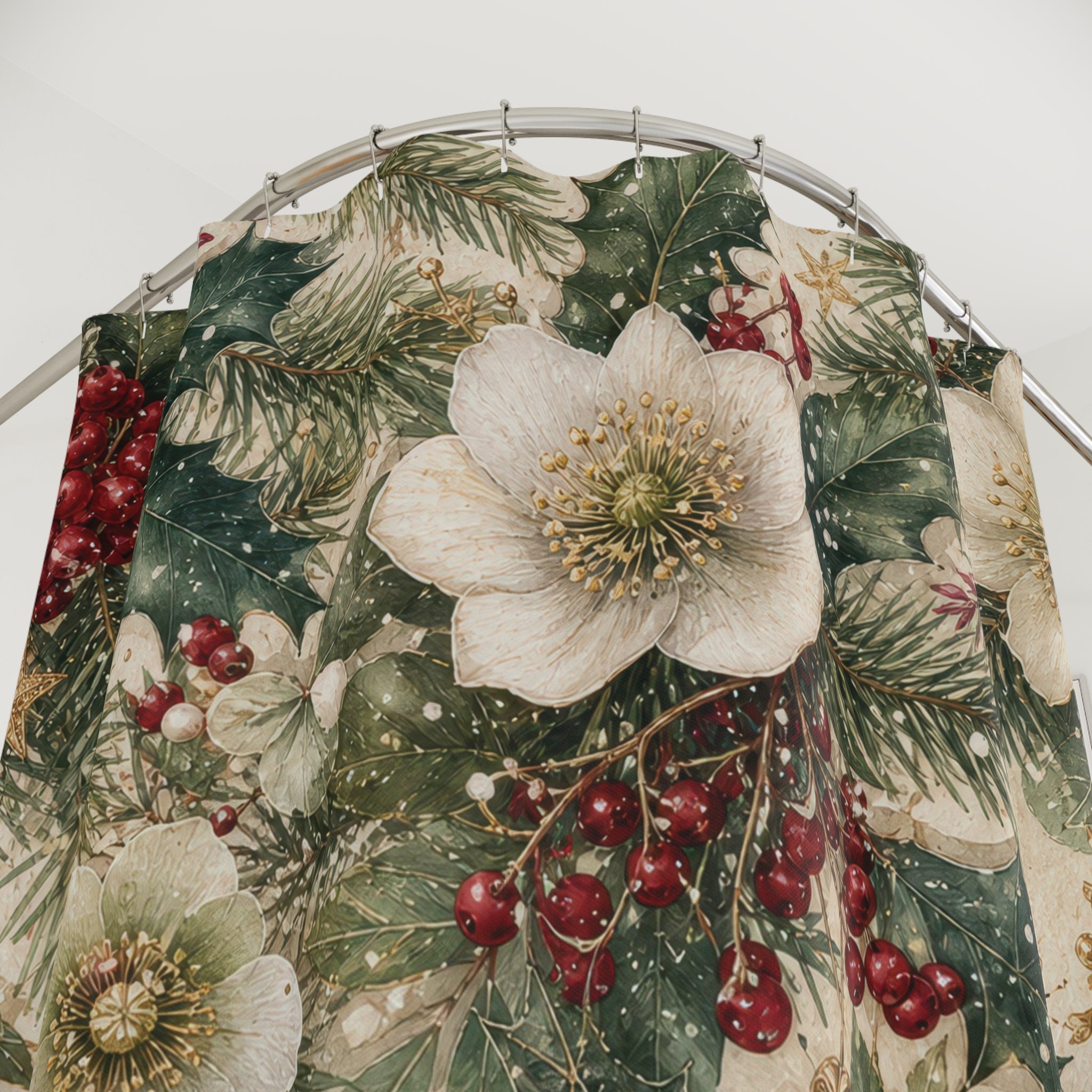 Christmas Shower Curtain: Winter Floral Botanical Pattern