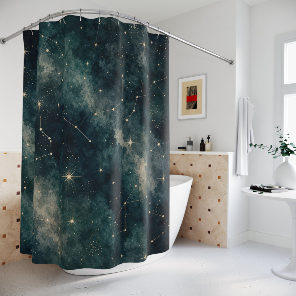 Constellation Shower Curtain, Dark Teal Starry Night Sky Pattern, Celestial Bathroom Decor, Astrology Guest Bath Mystical Style