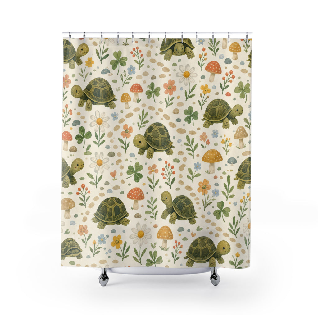 Kids Turtle Shower Curtain, Mushroom Woodland Animal Pattern, Cute Green Nursery Bathroom Decor, Woodland Wall Decor Guest Bath Wall Gift