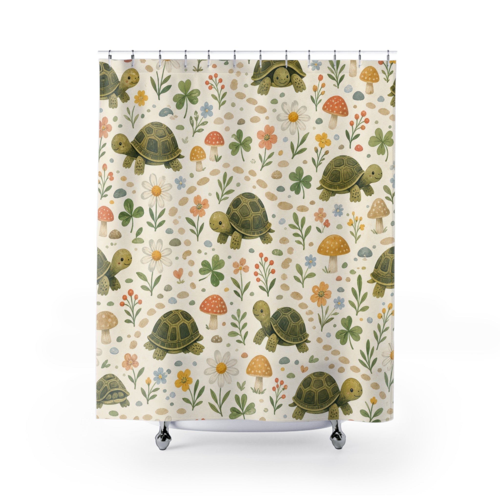 Kids Turtle Shower Curtain, Mushroom Woodland Animal Pattern, Cute Green Nursery Bathroom Decor, Woodland Wall Decor Guest Bath Wall Gift